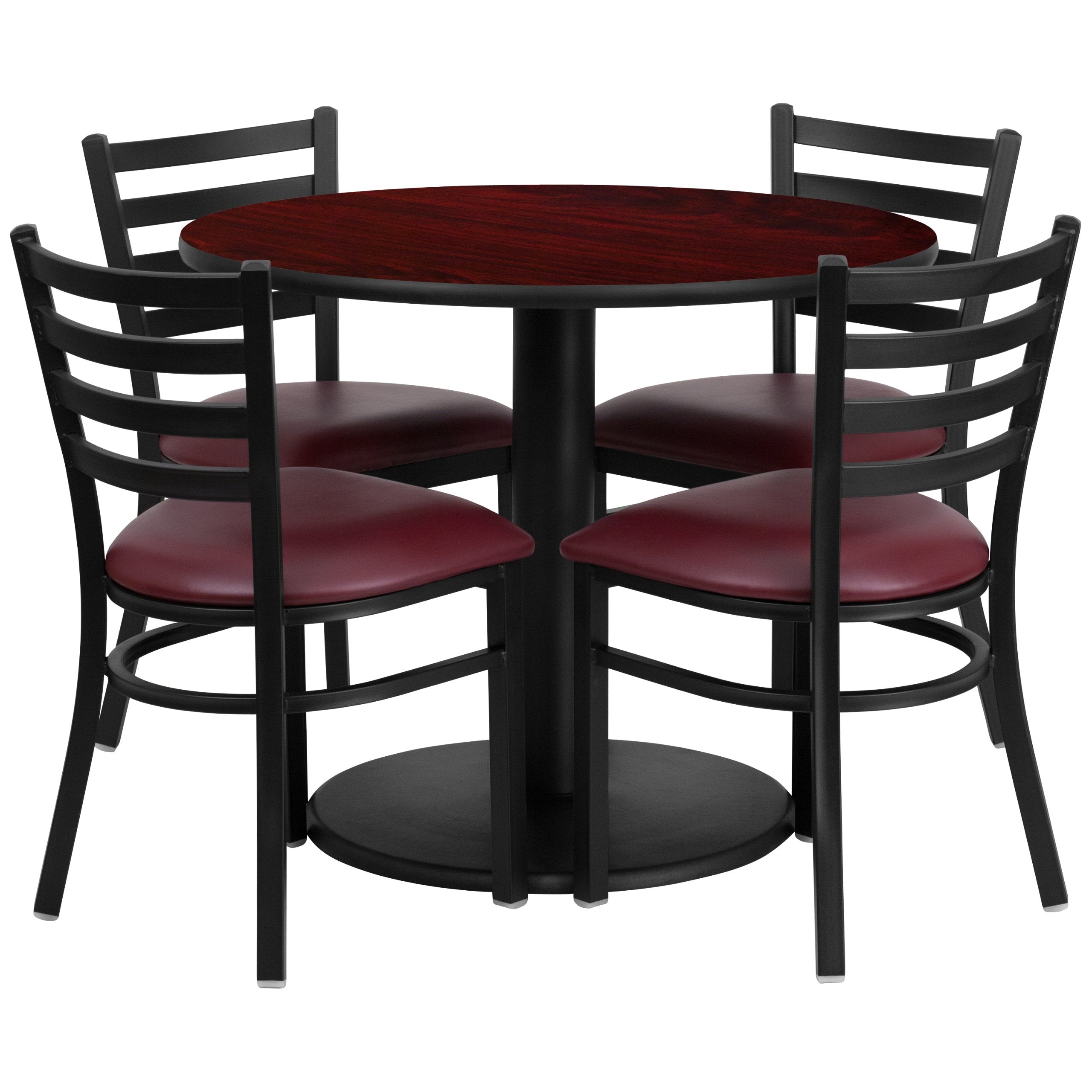 Flash Furniture 36'' Round Mahogany Laminate Table Set With Round Base And 4 Ladder Back Metal Chairs - Burgundy Vinyl Seat