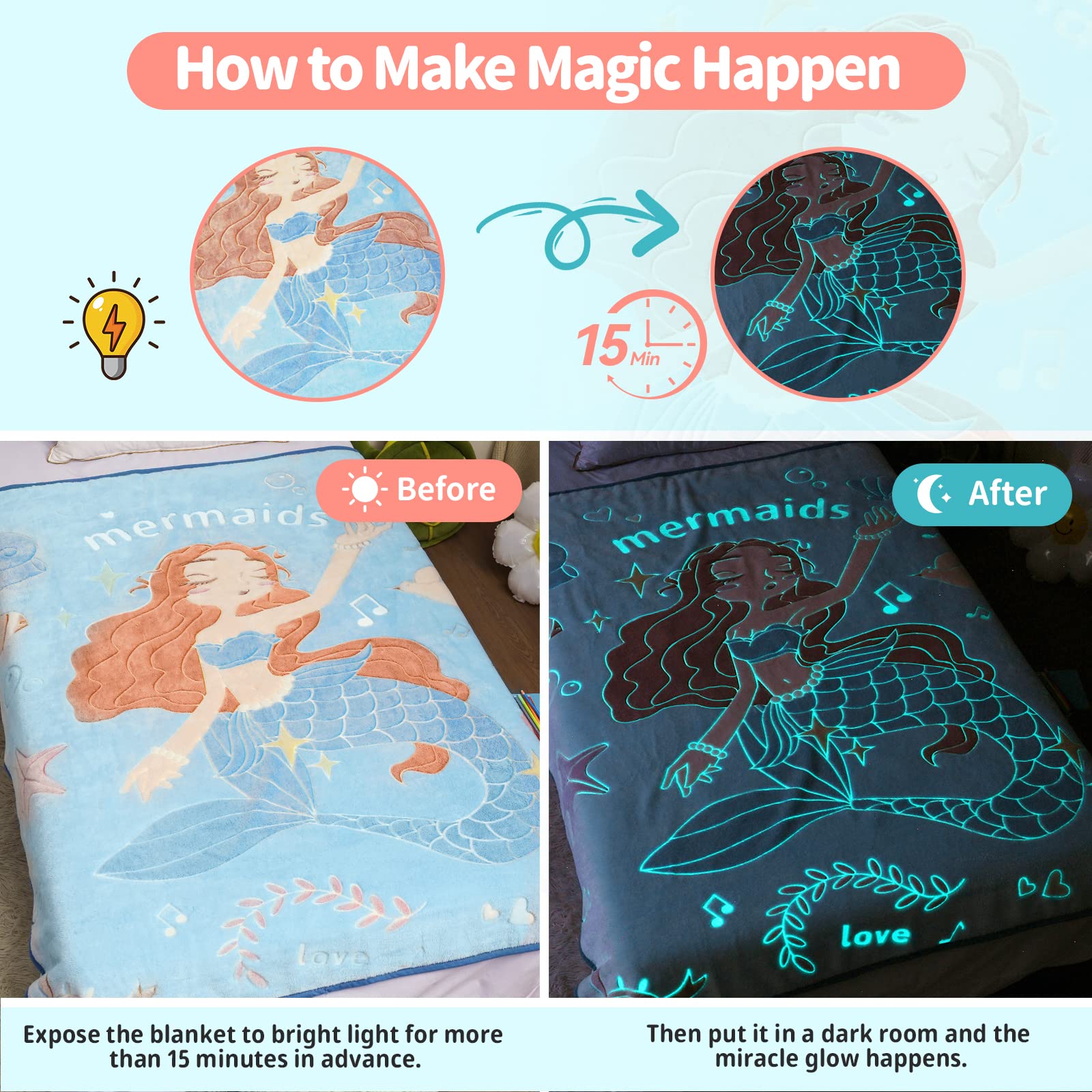 Glow In The Dark Mermaid Blanket Throw Gifts For Girls Kid Blankets Super Soft 3 4 5 6 7 8 9 10 Year Old Girl Gift Ideas Girls T