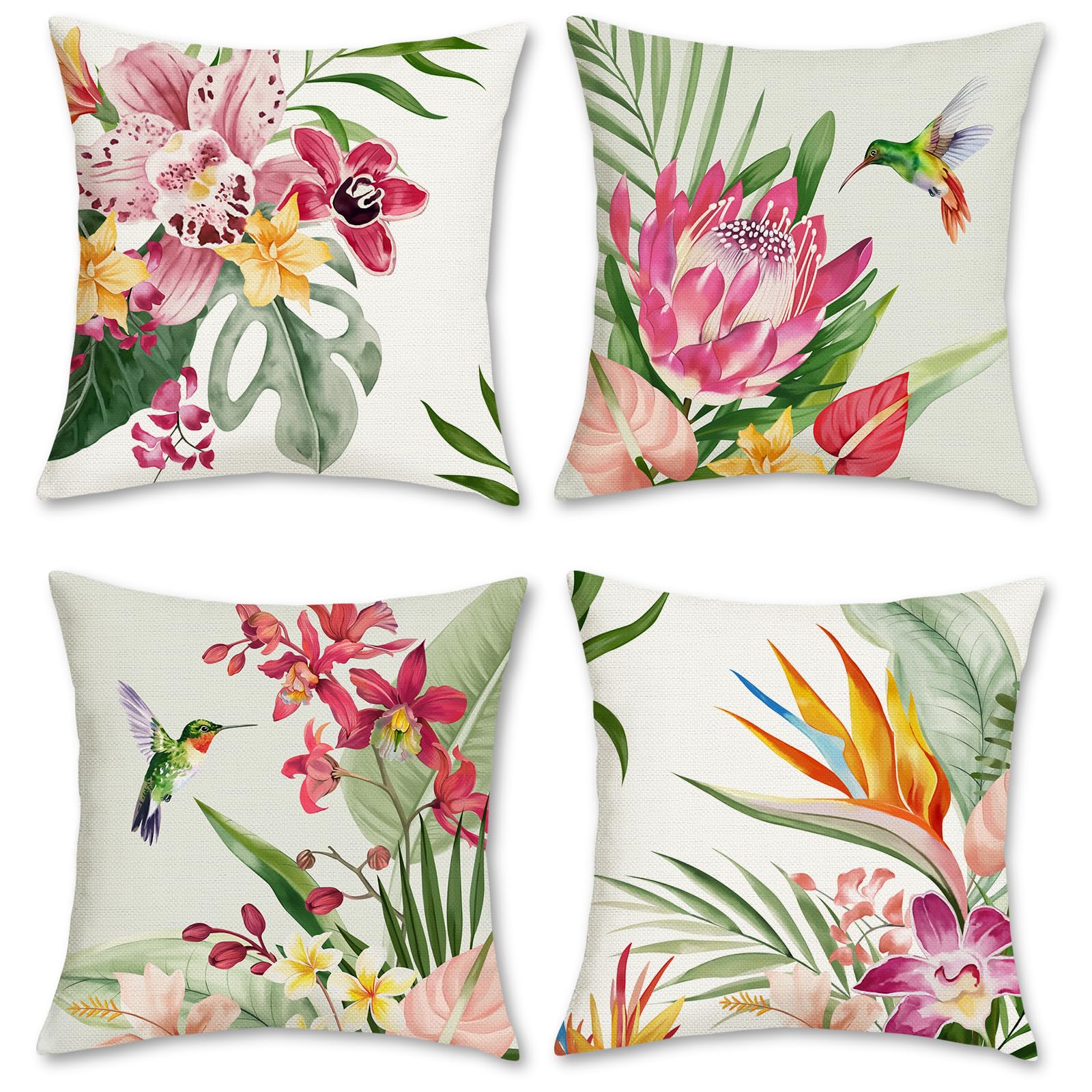 Bonhause Tropical Flowers Throw Pillow Covers 18 X 18 Inch Floral Leaves Outdoor Decorative Pillows Polyester Linen Cushion Case