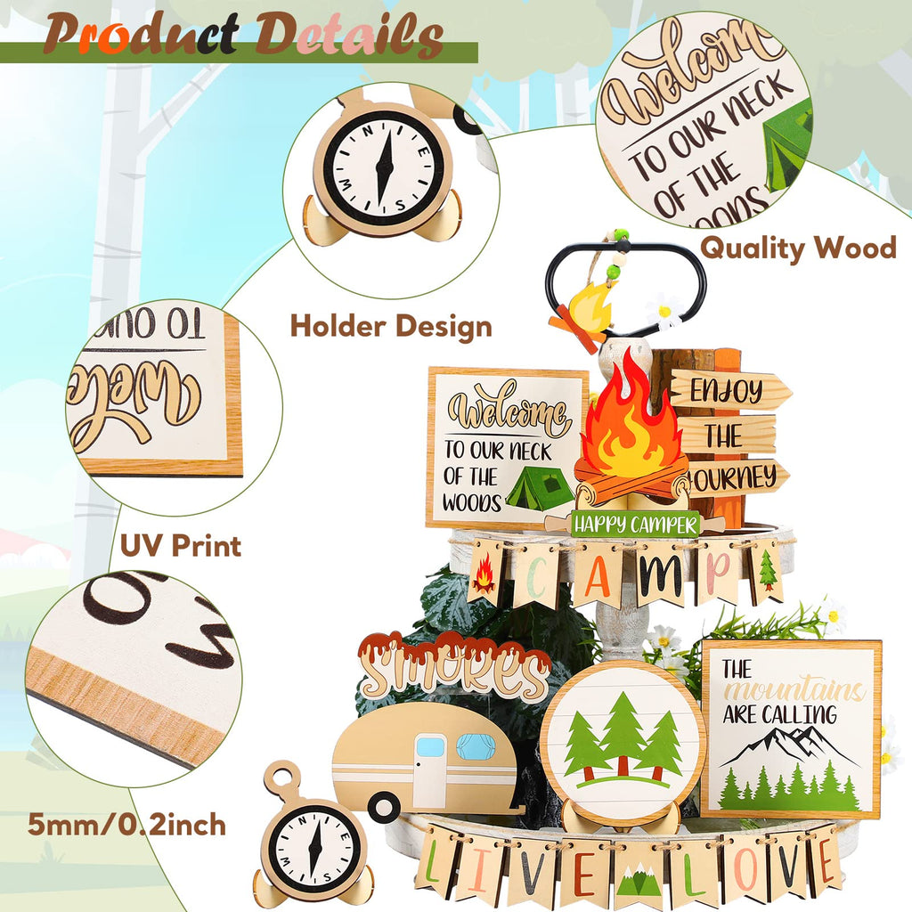 25 Pcs Camping Tiered Tray Decor Set Farmhouse Smores Tiered Tray Wood Sign Decor Camping Party Decorations Campfire Barbecue Ce