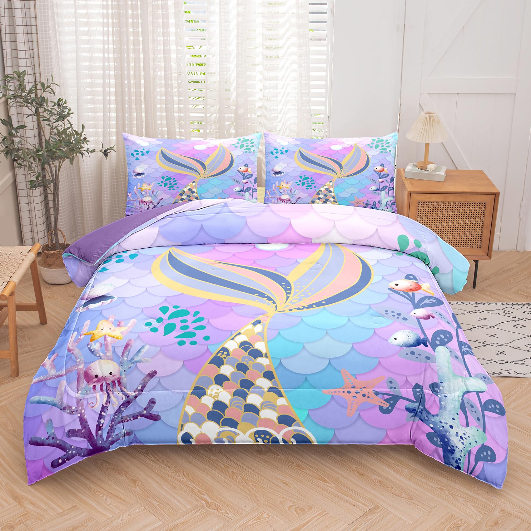 Ninenine Teal Purple Mermaid Comforter Set,Mermaid Tail Bedding Set,Twin Size Bedding Sets For Girls,Colorful Glitter Comforter