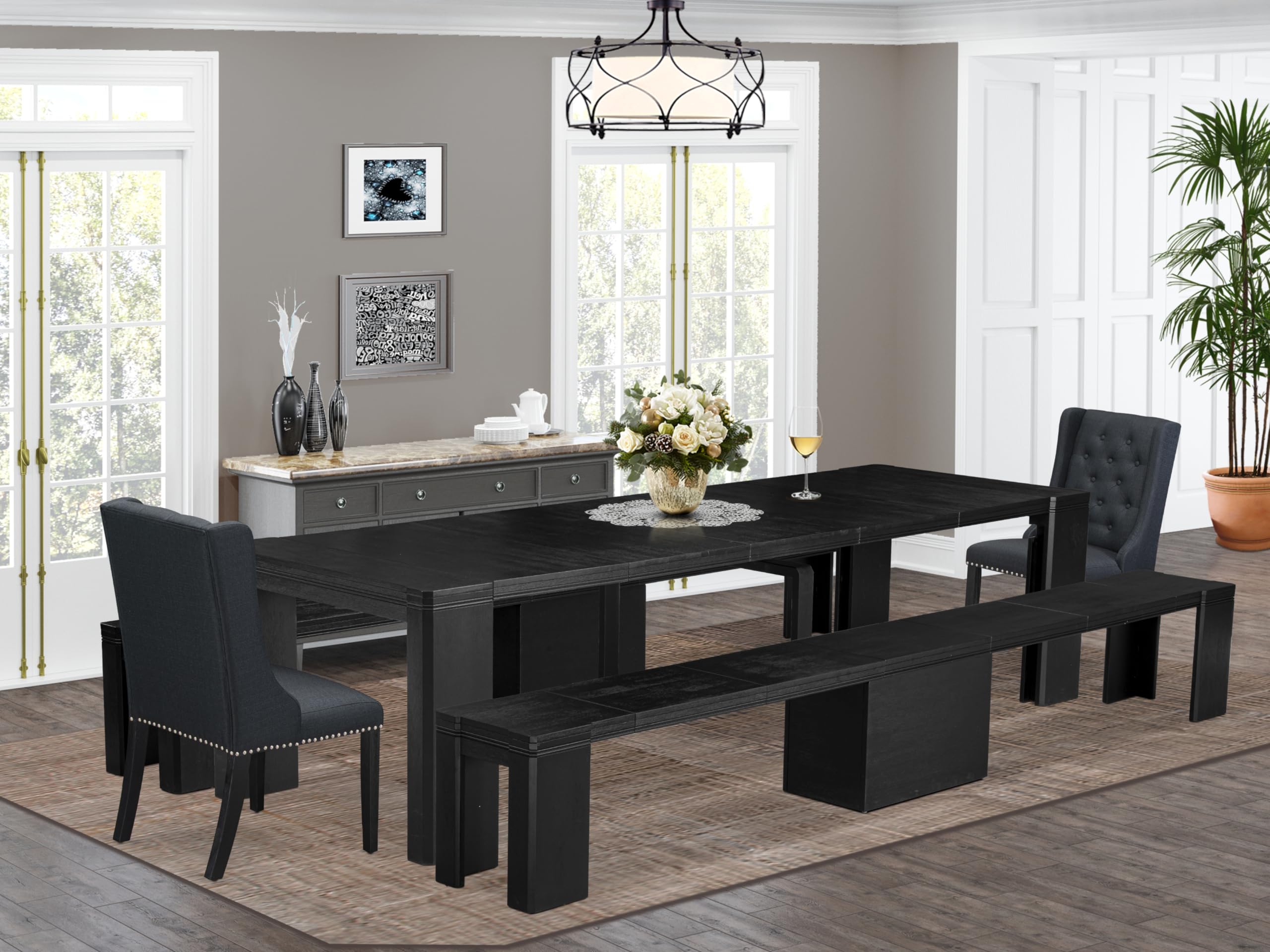 Luxe by East West Furniture - X02FO-206-24 - 5-piece Dining Room Table Set a Rectangular Dining Table and 2 wooden Benches and 2 Black Linen Fabric kitchen Chair, 39x120 Inch, Wire Brushed Black