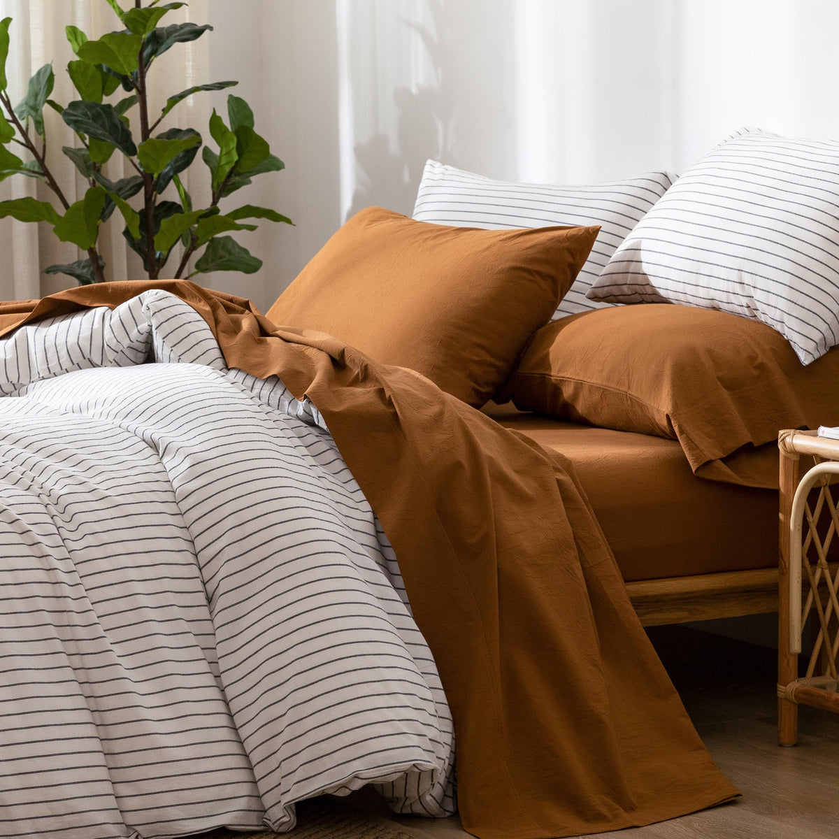 Moomee Bedding Sheet Set 100% Washed Cotton Linen Like Textured Breathable Durable Soft Comfy (Dark Orange, Full)