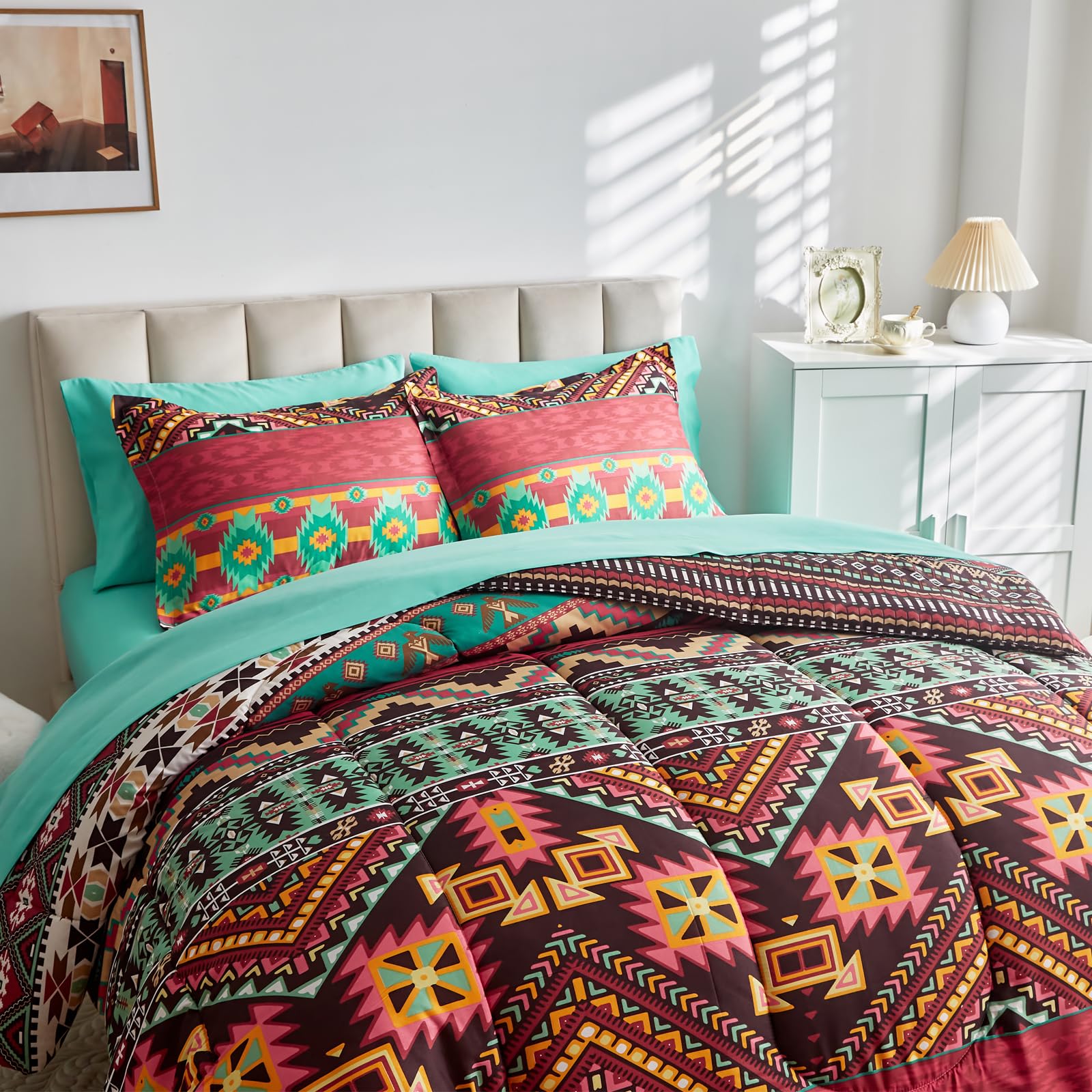 Flysheep Boho Bed In A Bag 7 Pieces King Size, Colorful Bohemian Tribal Comforter Set With Teal Sheet Set For All Season(1 Comfo