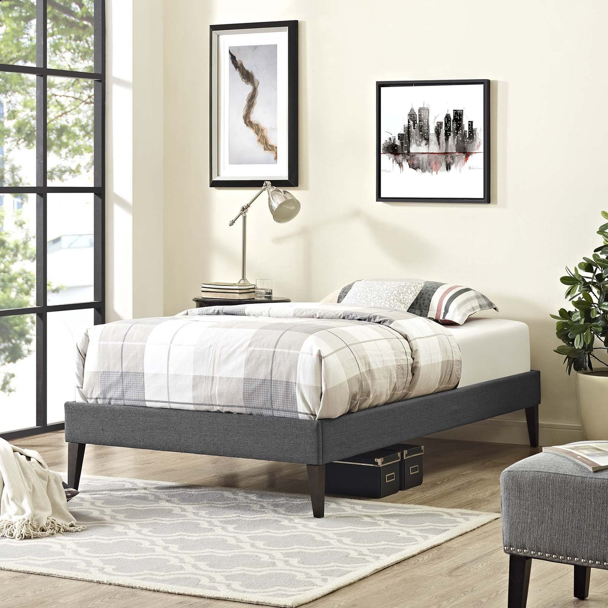 Modway Tessie Upholstered Twin Platform Bed Frame With Wood Slat Support In Gray