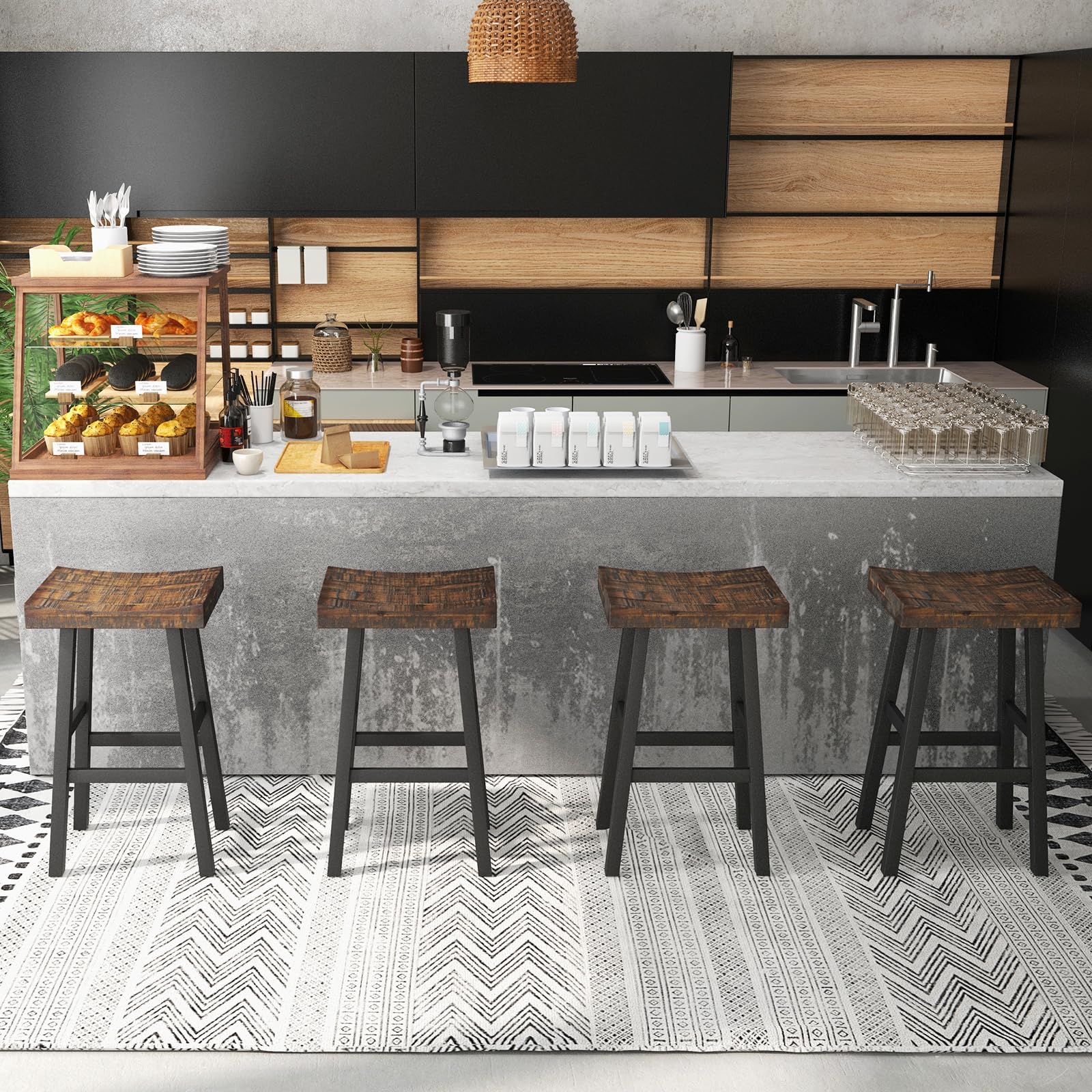 Costway Wooden Saddle Stools Set Of 4, 29-Inch Bar Height Stools With Curved Seat Surface, Rubber Wood, Acacia Wood, Footrests, Kitchen Island Counter Stools For Restaurant Cafe Pub, Brown+Black