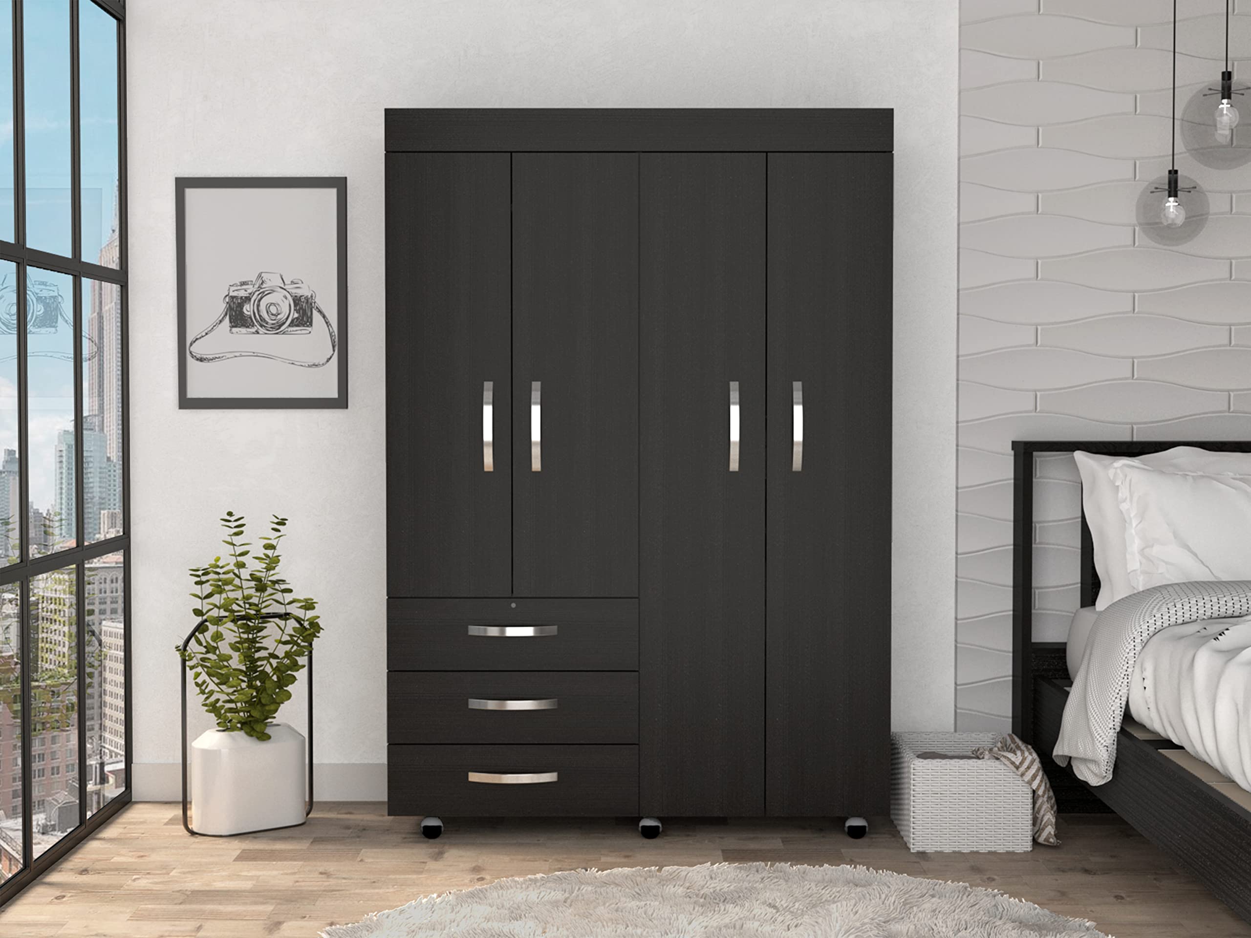 DEPOT E-SHOP Hamilton Mobile Armoire with 2 Double Door Cabinets, 3 Drawers, 2 Rods, and Inner Shelves, Black