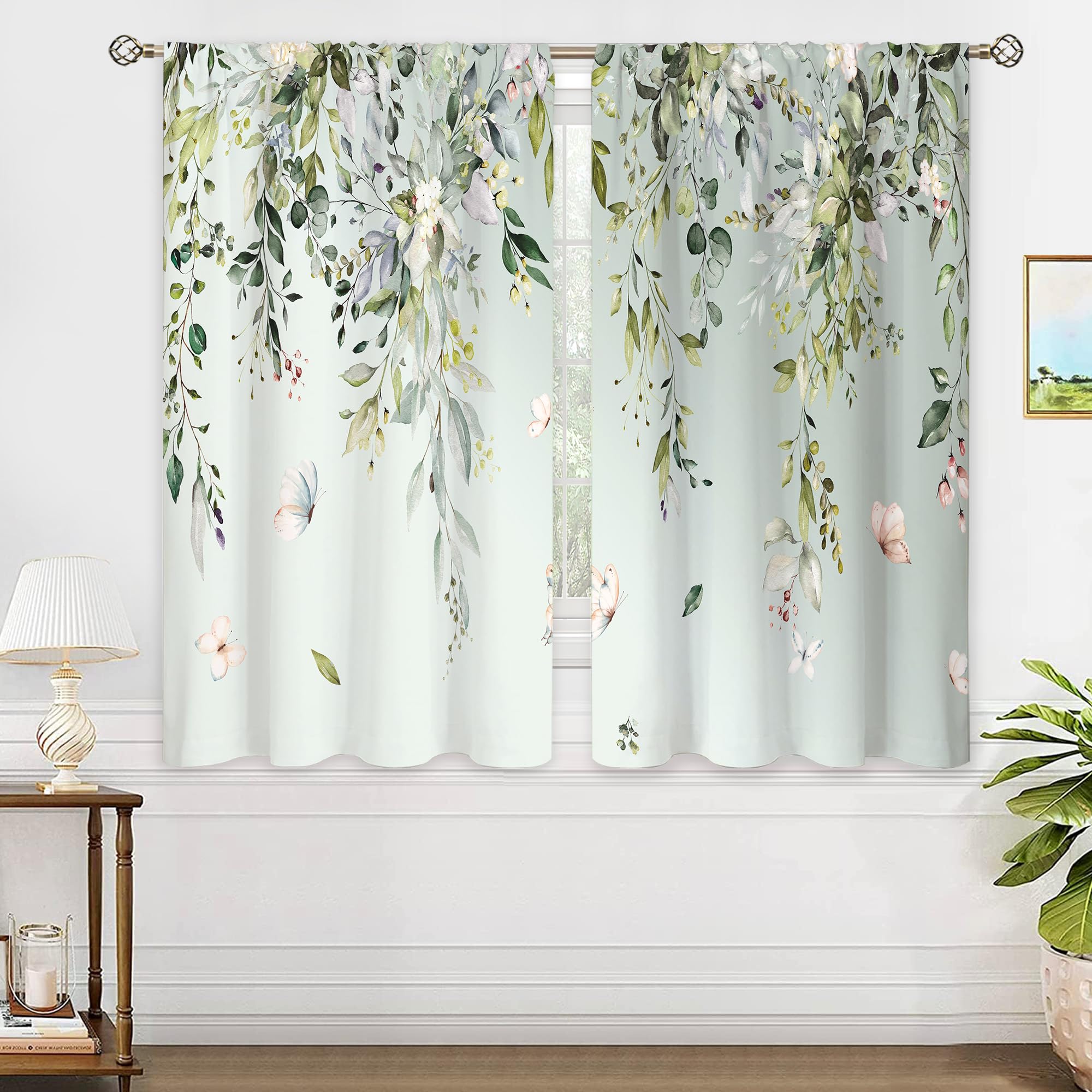 Oolygoo Sage Eucalyptus Botanical Leaves Floral Window Curtains Butterfly Farmhouse Flower Leaf Rod Pocket Sage Green Curtain Dr