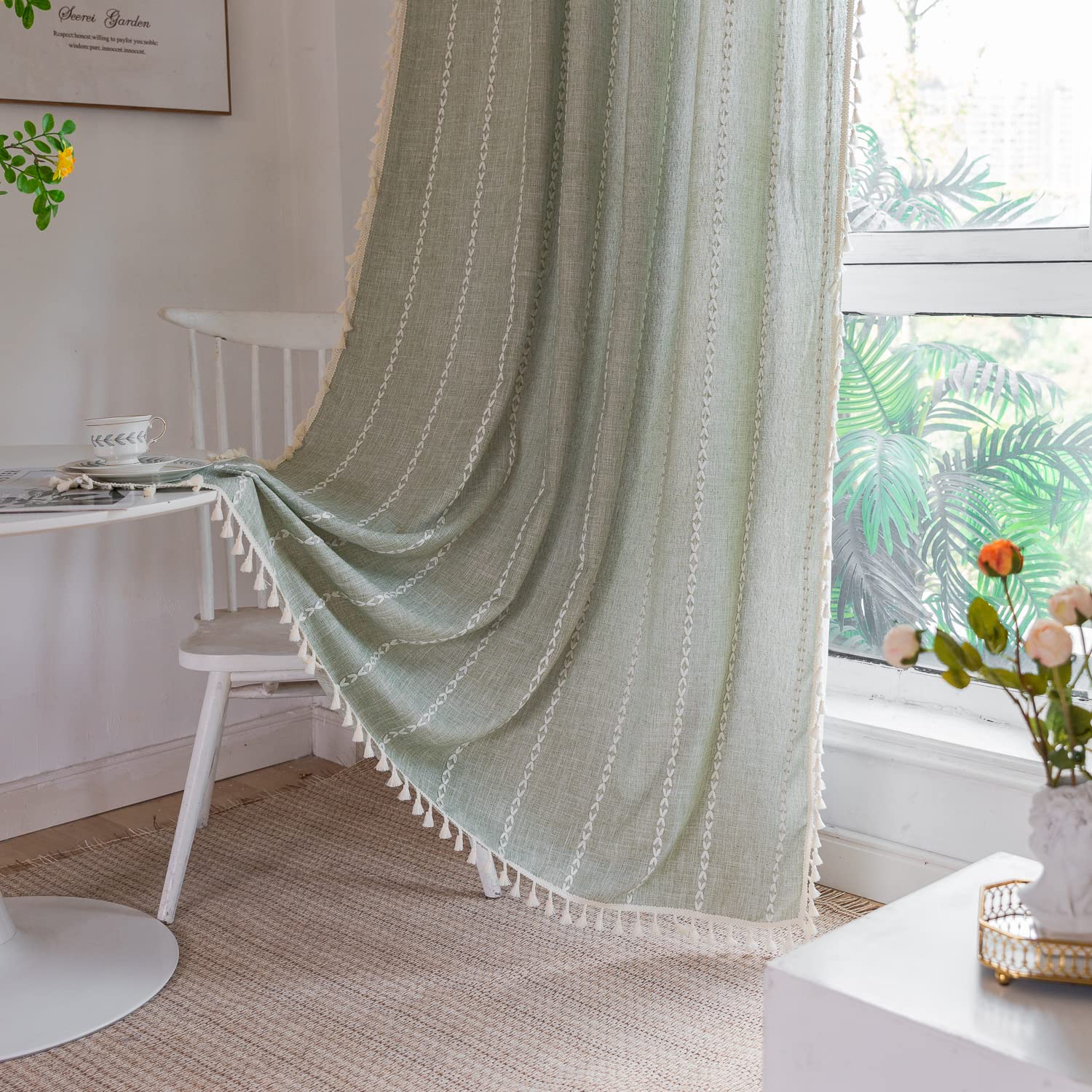 Colorigan Boho Semi Blackout 63 84 96 Inches Length 2 Panels Set Farmhouse Window Curtains With Tassels, Striped Embroidered Rus