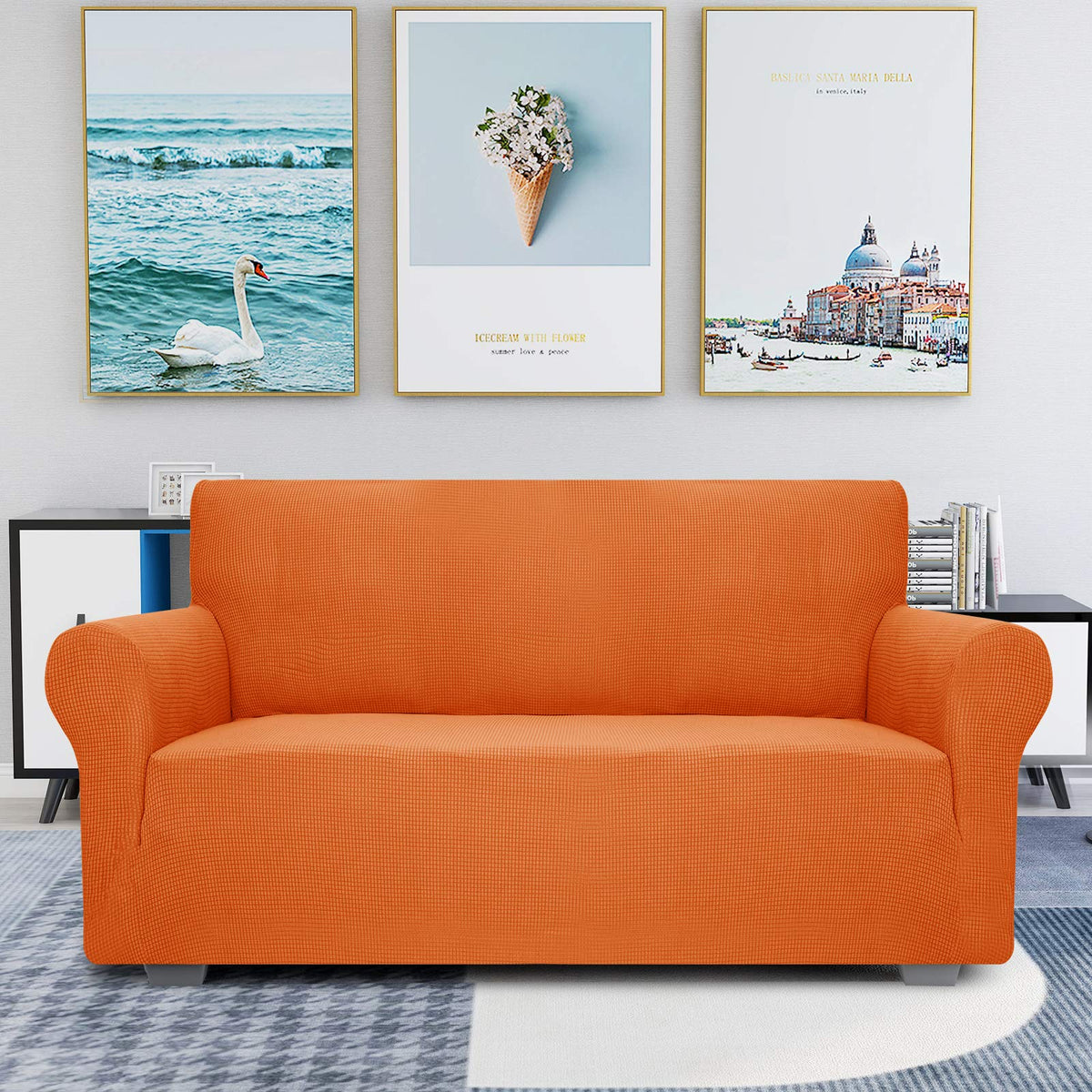 Jiviner High Stretch 1-Piece Jacquard Small Checks Couch Covers For 2 Cushion Couch Anti Slip Love Seat Sofa Covers Loveseat Slipcovers Protector For Kids Pets (Loveseat, Orange)