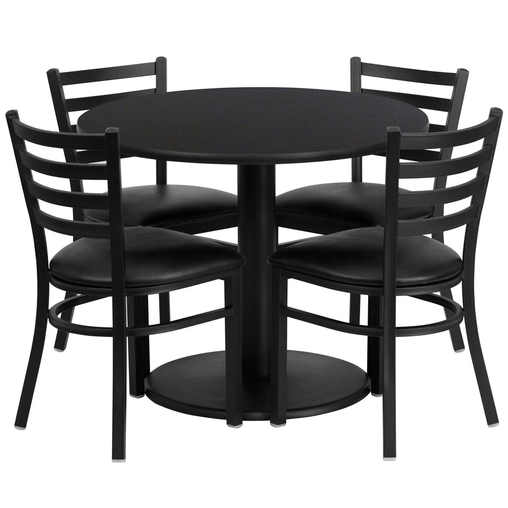 Flash Furniture 36'' Round Black Laminate Table Set With Round Base And 4 Ladder Back Metal Chairs - Black Vinyl Seat