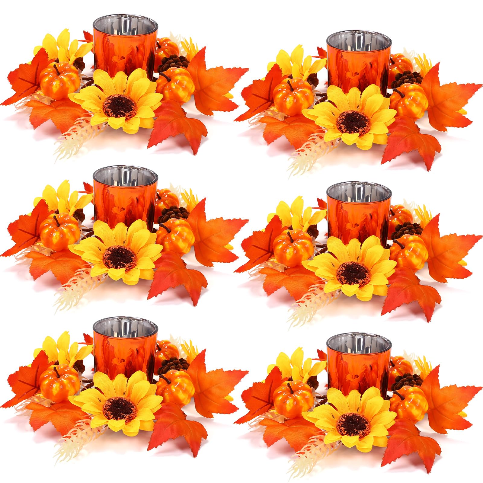 Umigy Set of 12 Fall Votive Candle Holders with Maple Leaves Wreath Thanksgiving Candle Rings 6 Mini Pumpkin Candle Holders with