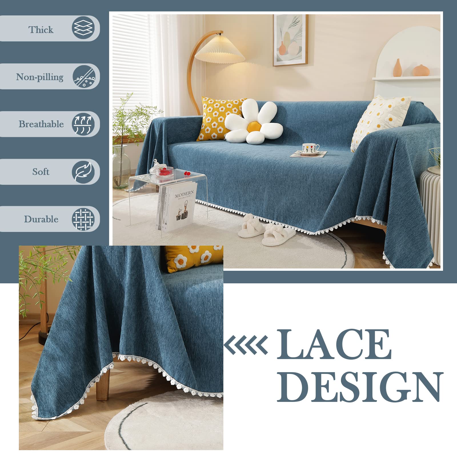 Handontime Navy Blue Sectional Couch Covers, Sofa Covers For 3 Cushion Couch Chenille Couch Cover Durable Rv Dinette Cushion Covers With Floral Lace Couch Cover For Dogs Kids Easy Fitted, 71' X134'