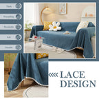 Handontime Navy Blue Sectional Couch Covers, Sofa Covers For 3 Cushion Couch Chenille Couch Cover Durable Rv Dinette Cushion Covers With Floral Lace Couch Cover For Dogs Kids Easy Fitted, 71' X134'
