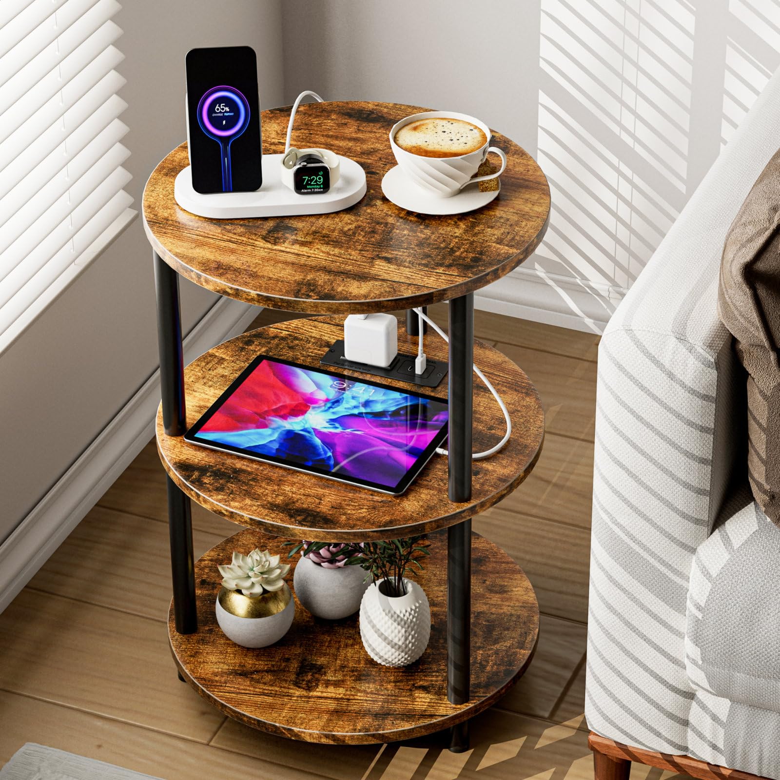 XBurmo Small Round End Table - 3 Tier Design Accent Table, Narrow Side or Bedside Stand, Industrial Vintage Table for Small Spac