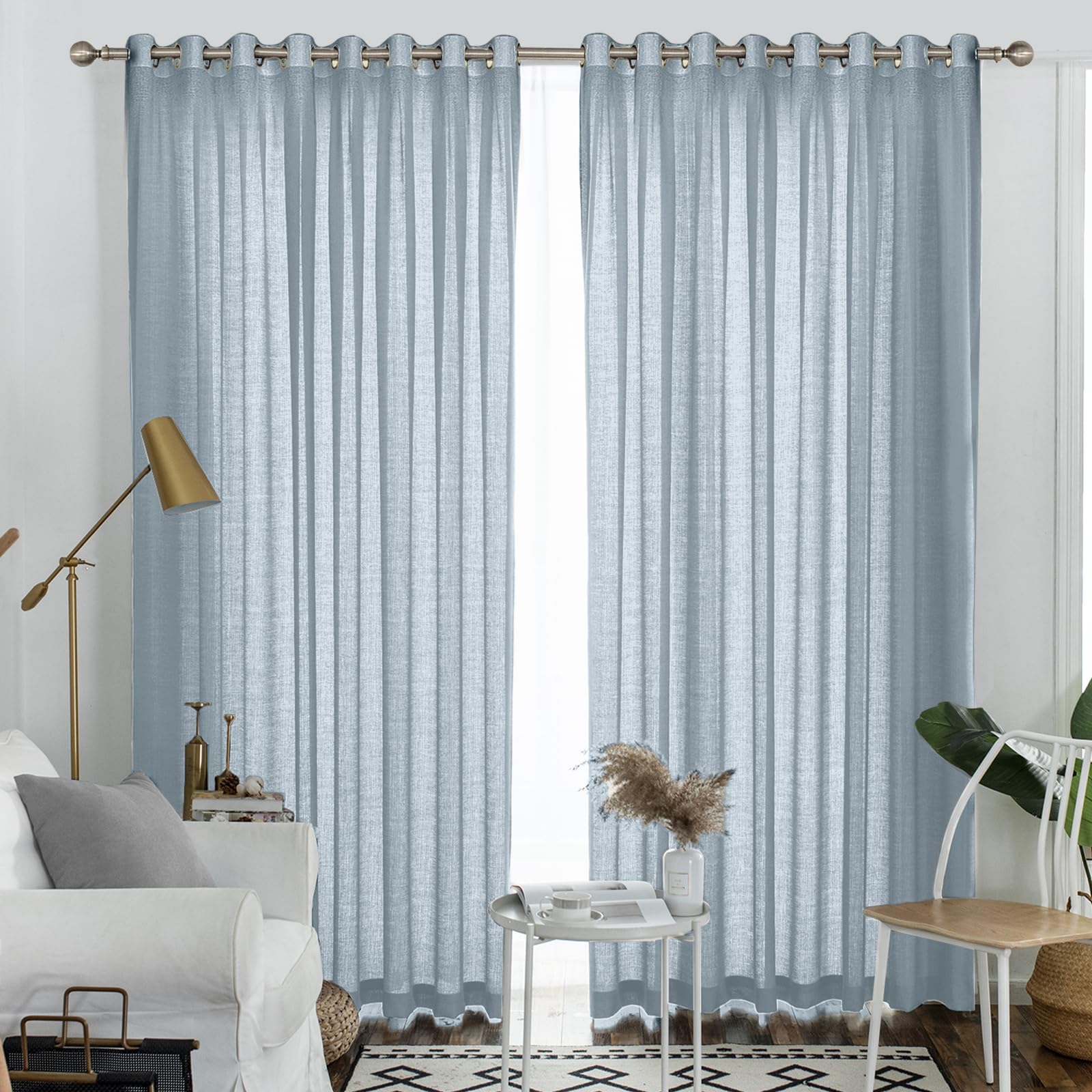 Melodieux Dusty Blue Semi Sheer Curtains 108 Inches Long For Living Room Patio Door, Extra Long Bedroom Linen Look Rustic Gromme
