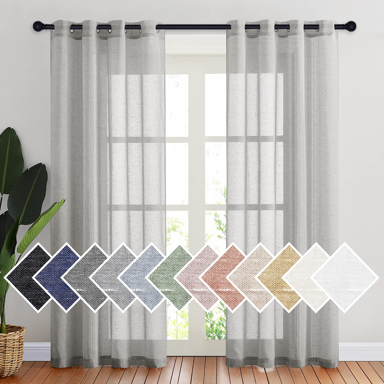 Nicetown Sheer Linen Bedroom Window Curtains 84 Inches Length, Grommet Privacy Semitransparent Light Filtering Flax Sheer Window