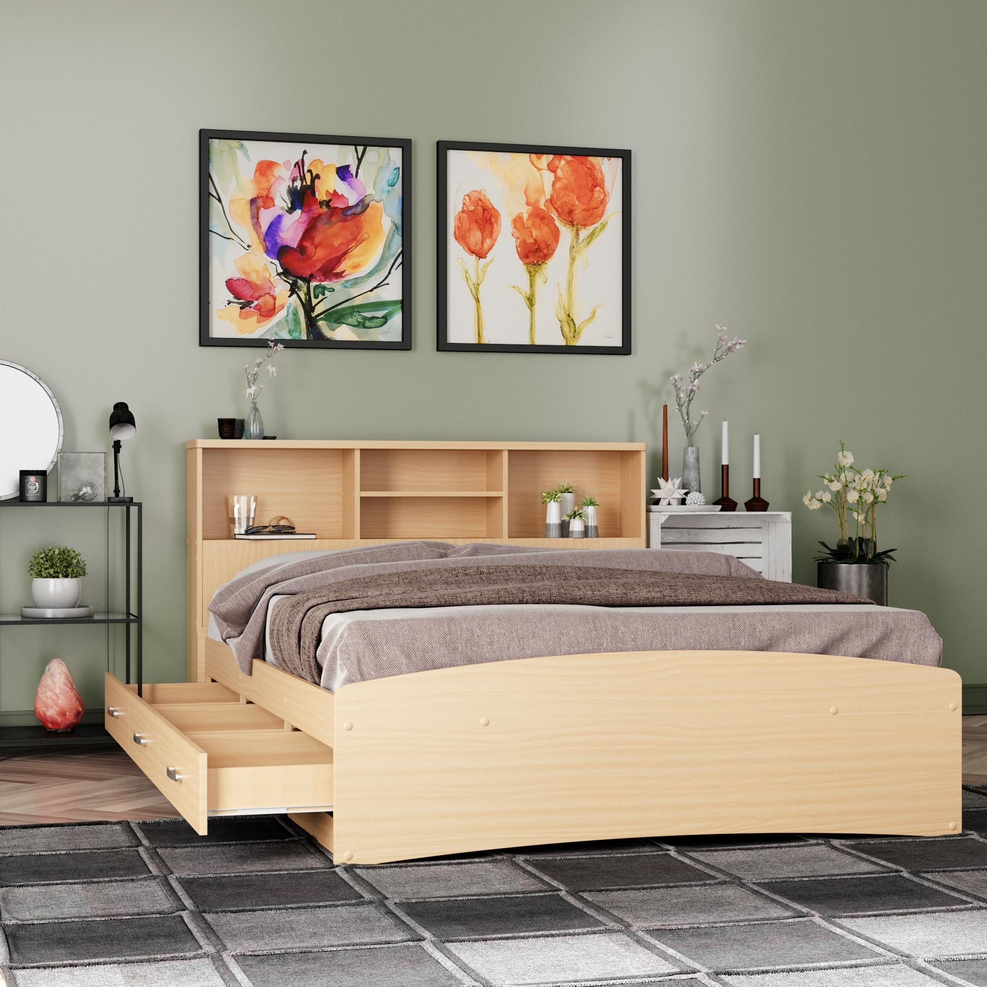 Bed with 3 Drawers and Bookcase Headboard (Beech, Full)
