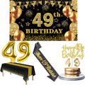 49th Birthday Decorations Men Women with 49th Birthday Banner, Black and Gold Table Cloth, Number Balloons, Large Sash, Cake Top