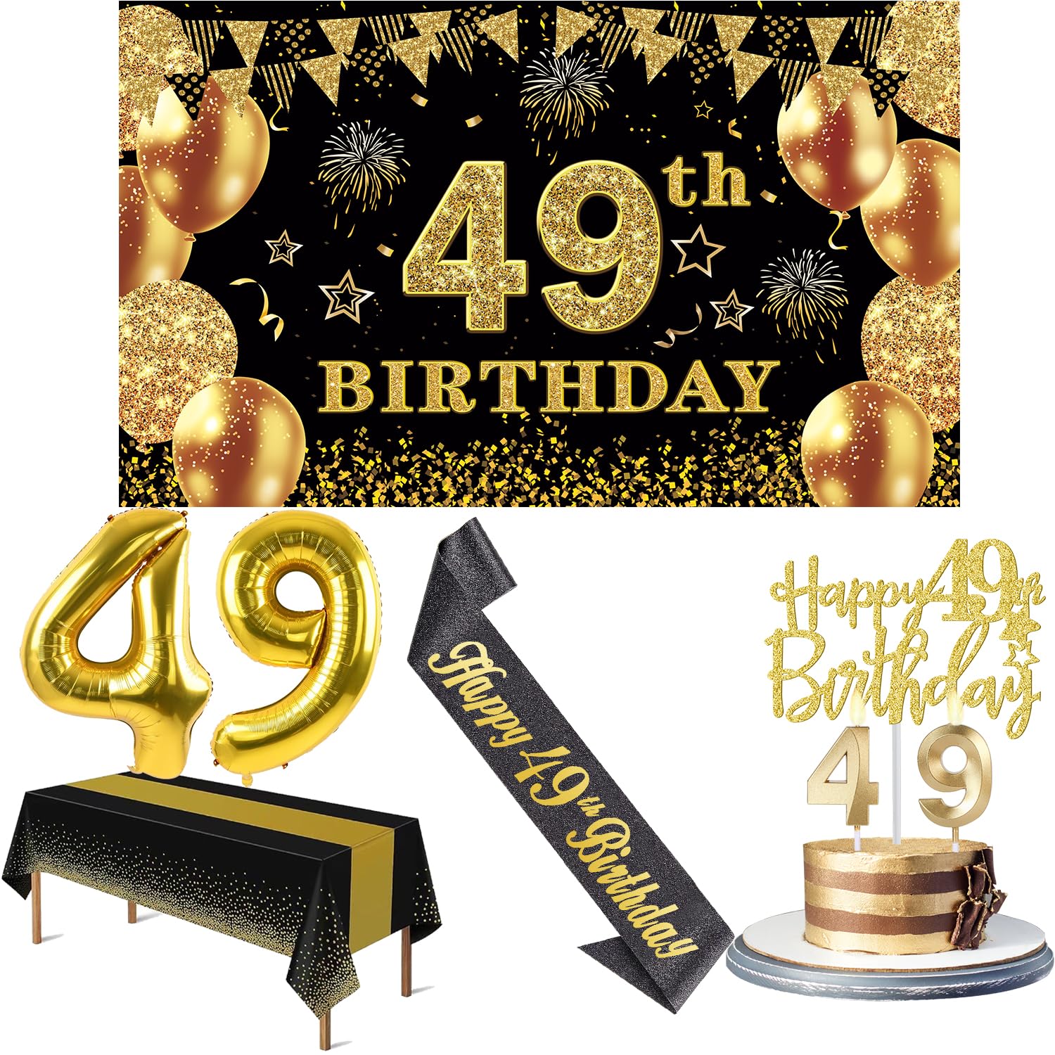 49th Birthday Decorations Men Women with 49th Birthday Banner, Black and Gold Table Cloth, Number Balloons, Large Sash, Cake Top