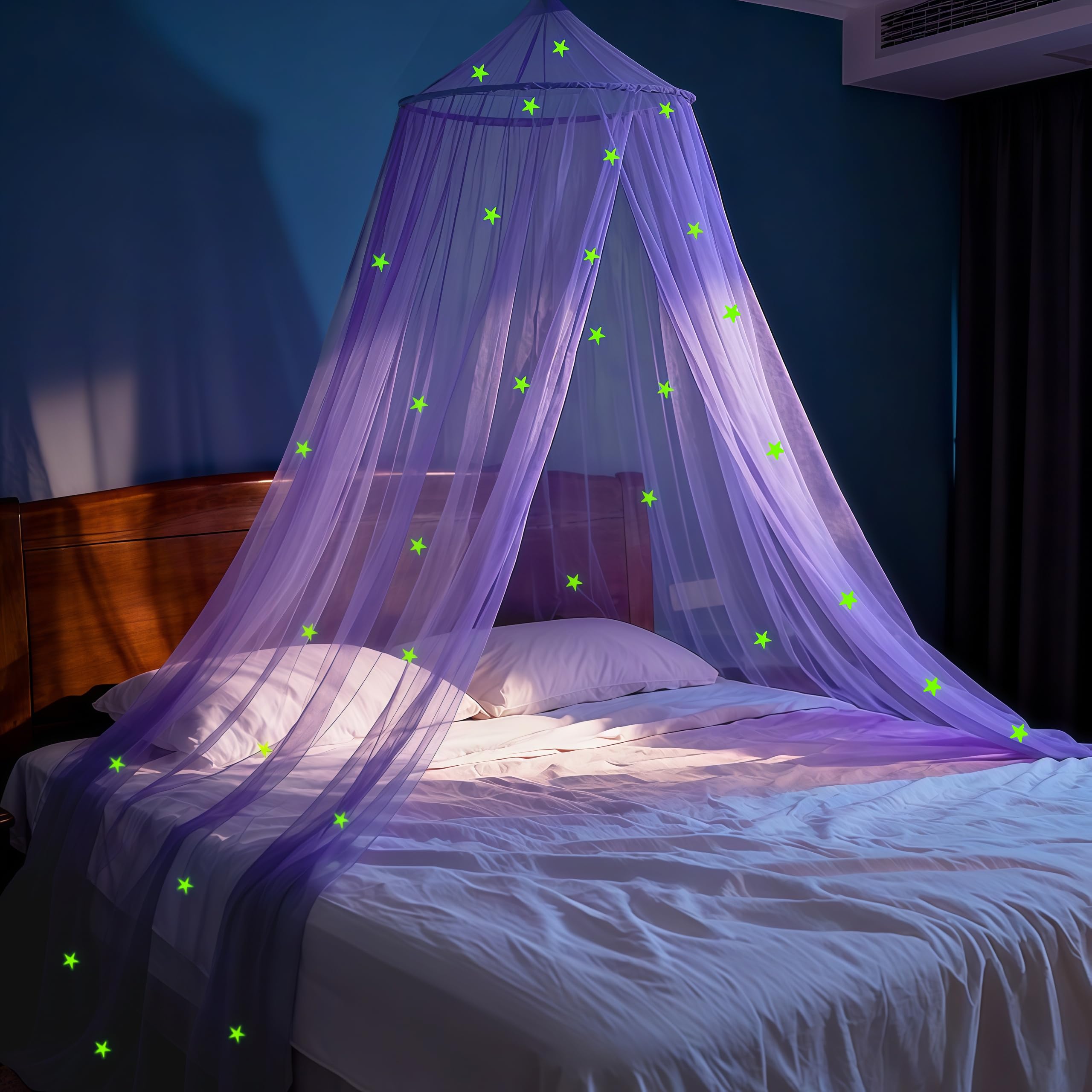 LionLively Purple Bed Canopy with Glow-in-The-Dark Stars, Princess Bed Canopy for Girls Fits Single, Twin, Full, Queen Size Bed