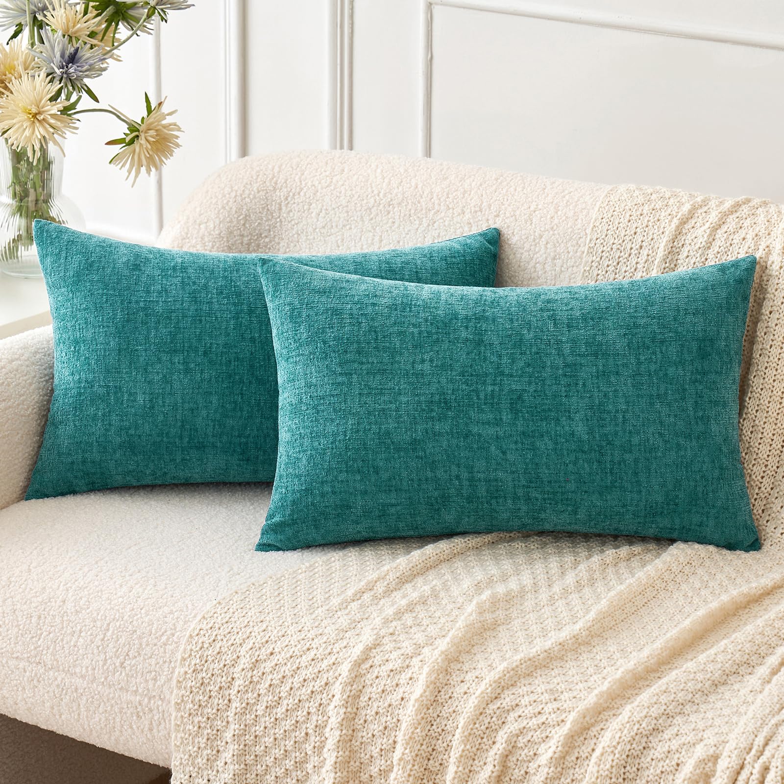 Miulee Pack Of 2 Couch Throw Pillow Covers 12X20 Inch Soft Teal Chenille Pillow Covers For Sofa Living Room Solid Dyed Pillow Ca
