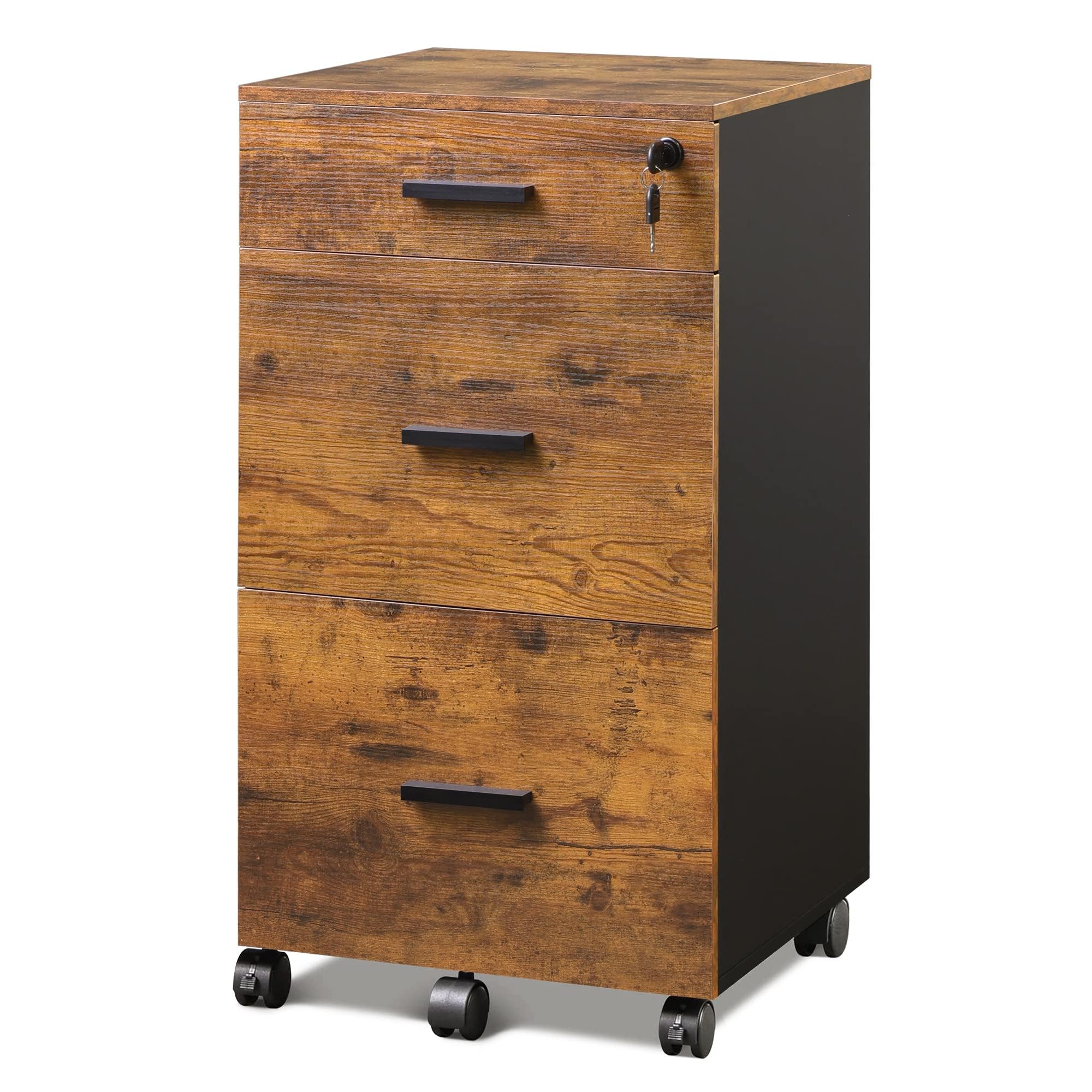 DEVAISE 3 Drawer Rolling File Cabinet with Lock, Wood Filing Cabinet fits Letter / A4 Size for Home Office, Rustic Brown