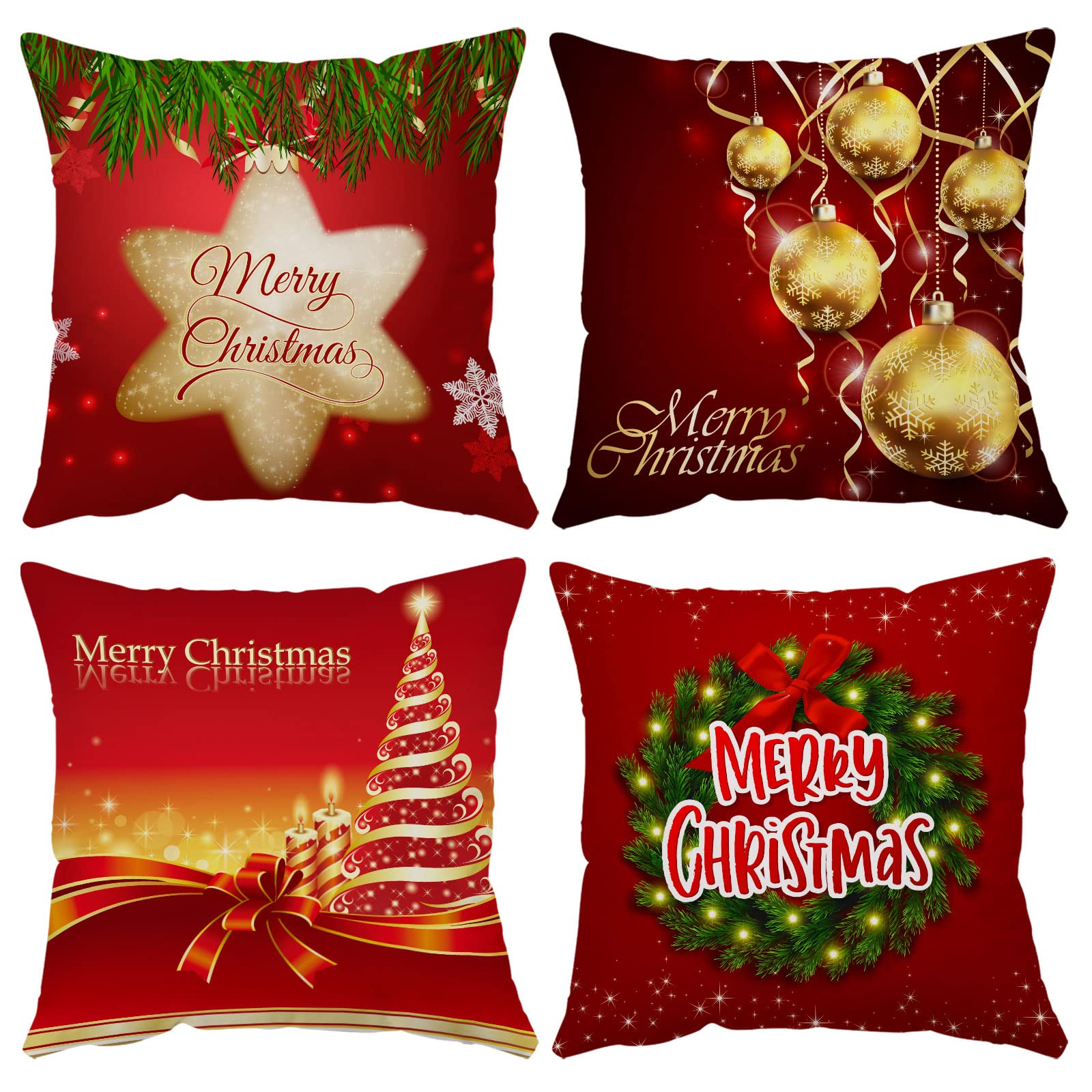 Merry Christmas Pillow Covers 12X12 Set Of 4 Velvet Christmas Pillow Cases Red Green Xmas Holiday Throw Pillow Covers Soft Chris
