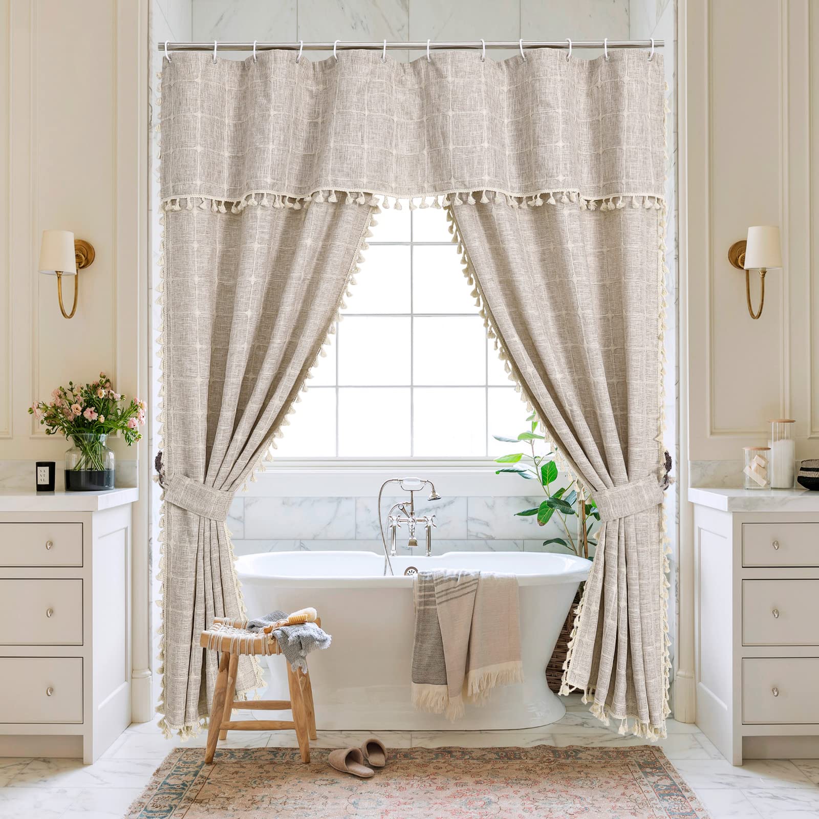 MitoVilla Boho Farmhouse Swag Shower Curtain, Cotton Linen Cloth Fabric Shower Curtain Set with Elegant Valance and 2 Tie Backs 