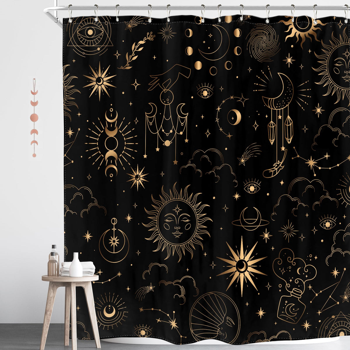 Homewelle Black Gold Celestial Shower Curtain Sun Moon Phase Astrology Stars Zodiac Constellation Mystic Crescent Galaxy Tarot W