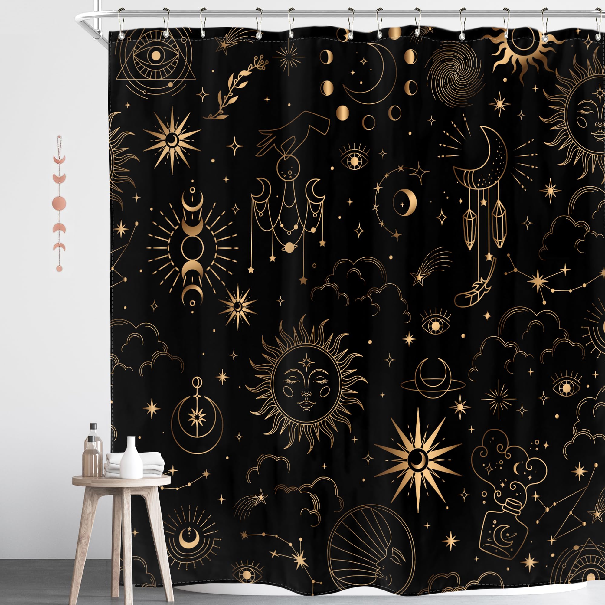 Homewelle Black Gold Celestial Shower Curtain Sun Moon Phase Astrology Stars Zodiac Constellation Mystic Crescent Galaxy Tarot W