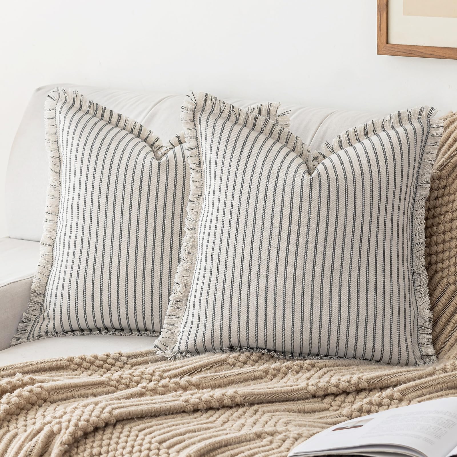 YEENAASY Striped Farmhouse Throw Pillow Covers 22X22 Set of 2 Boho Pillow Cover with Fringe Tassel Chic Cotton Decorative Pillow