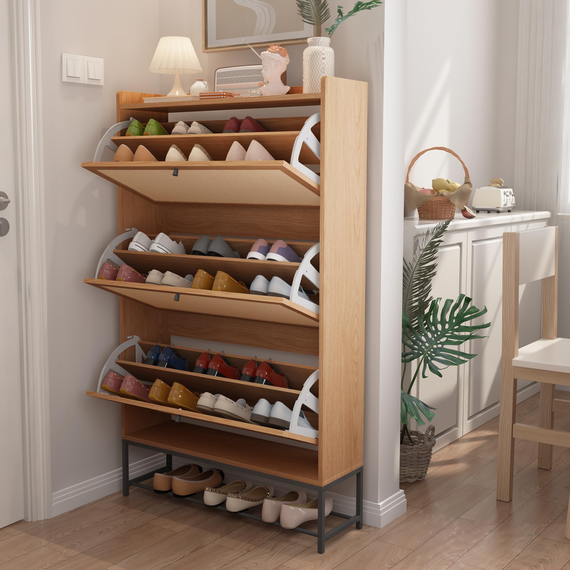Avzear Narrow Shoe Storage Cabinet With 3 Flip Drawers, Freestanding Shoe Organizer Wooden Closed Shoe Rack, Slim Shoe Cabinet S