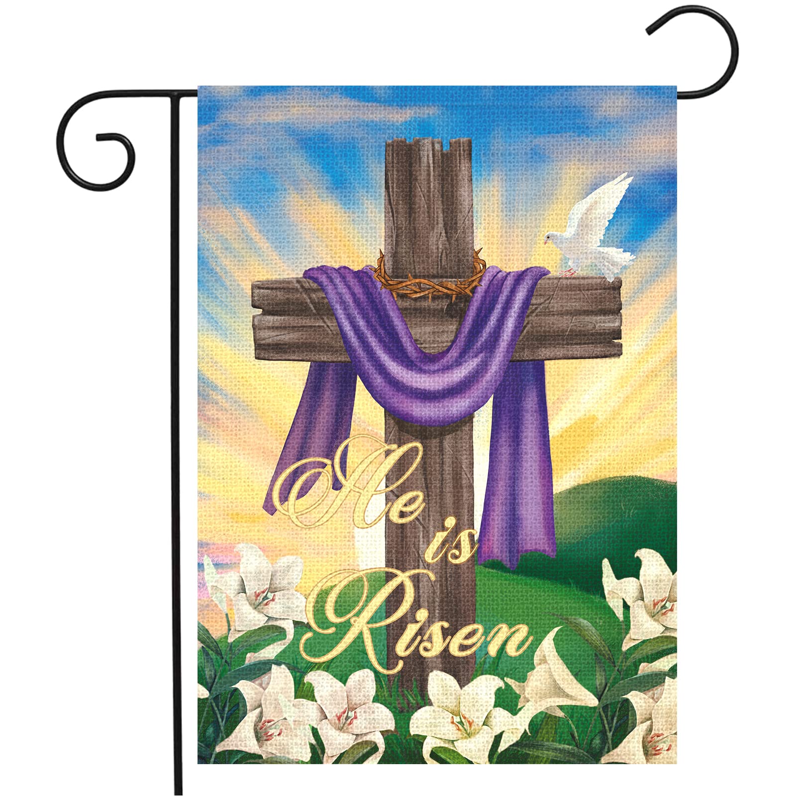 Louise Maelys Easter Garden Flag 12X18 Double Sided Burlap, Small Vertical He Is Risen Easter Cross Garden Yard Flags For Easter
