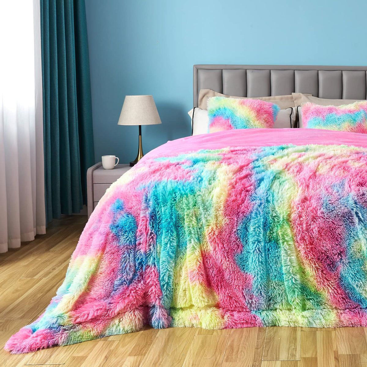 Gonaap Fuzzy Faux Fur Throw Blanket Queen Size Dark Rainbow Super Soft Cozy Plush Fuzzy Shaggy Blanket For Couch Sofa Bed (Dark