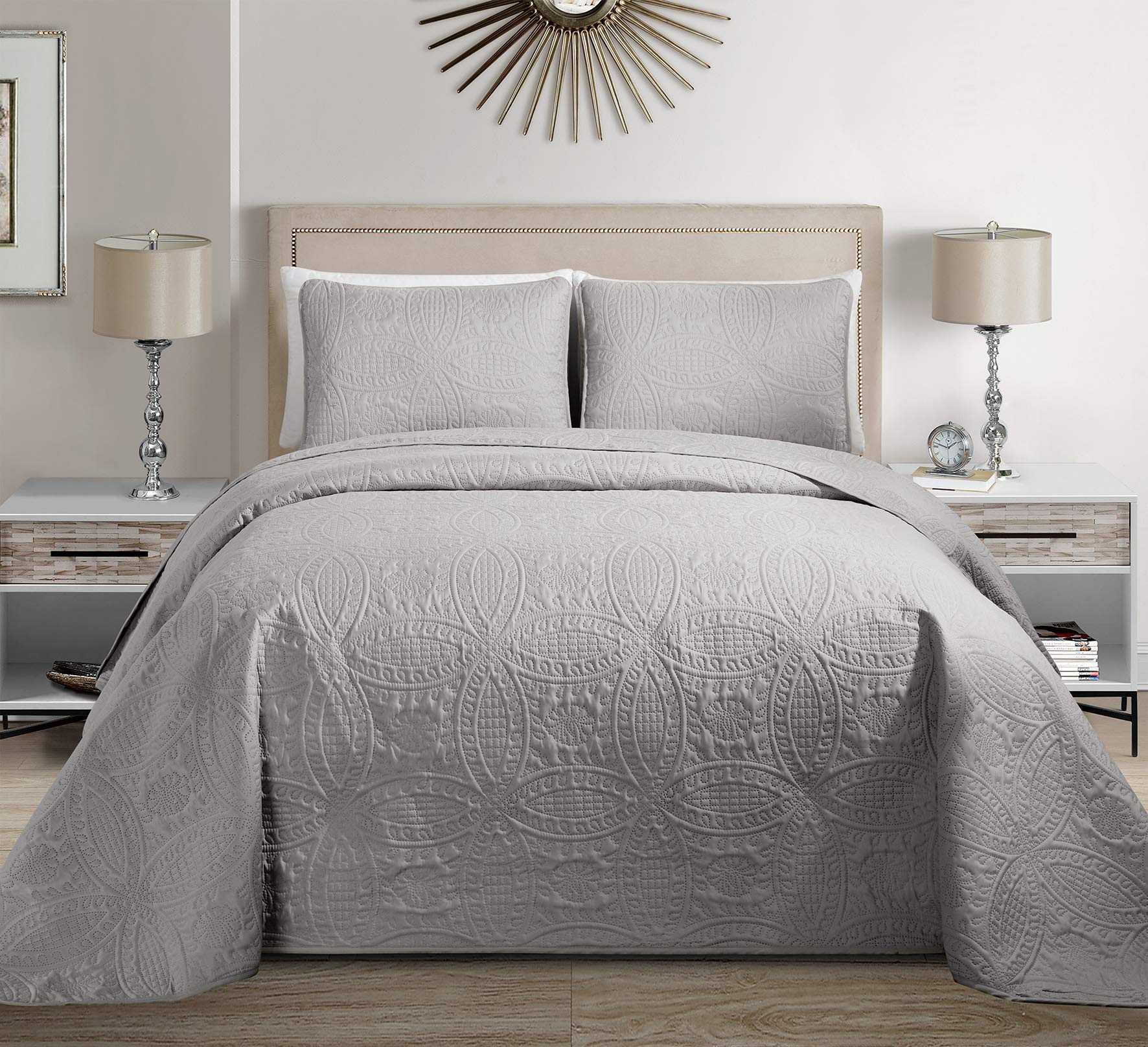 Mk Collection 3Pc King/California King Solid Embossed Bedspread Bed Cover Over Size Silver 118' X 106' New
