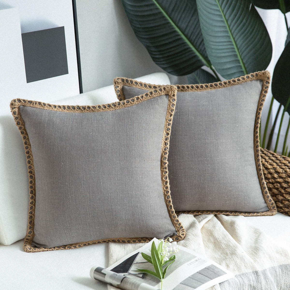 Phantoscope Pack Of 2 Farmhouse Decorative Solid Throw Decorative Pillow Cover Burlap Linen Trimmed Tailored Edges Grey 22 X 22