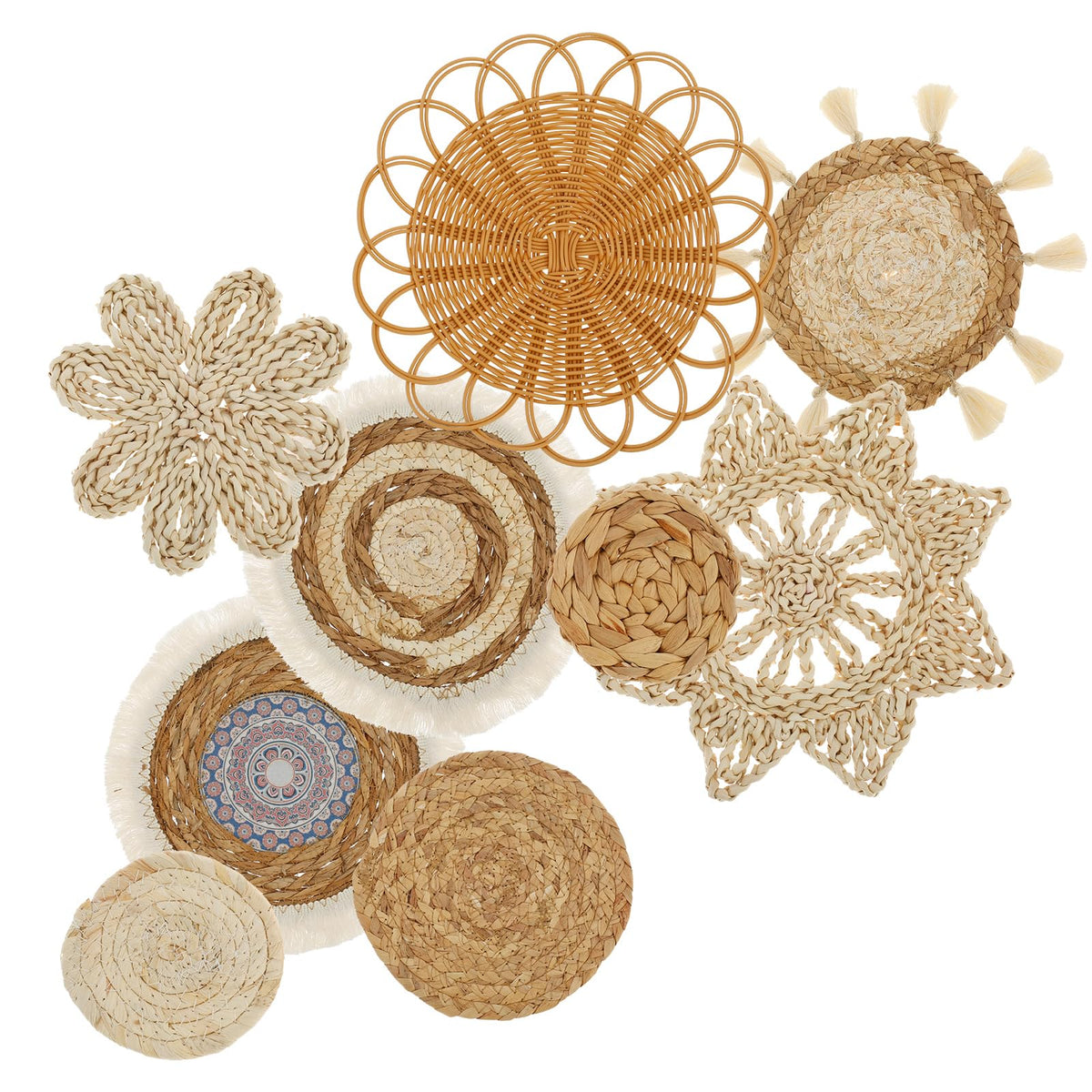 9 Pcs Boho Wall Basket Decor, Rattan Wicker Boho Wall Decor, Hanging Woven Basket Wall Decor, Round Handmade Wall Art for Living