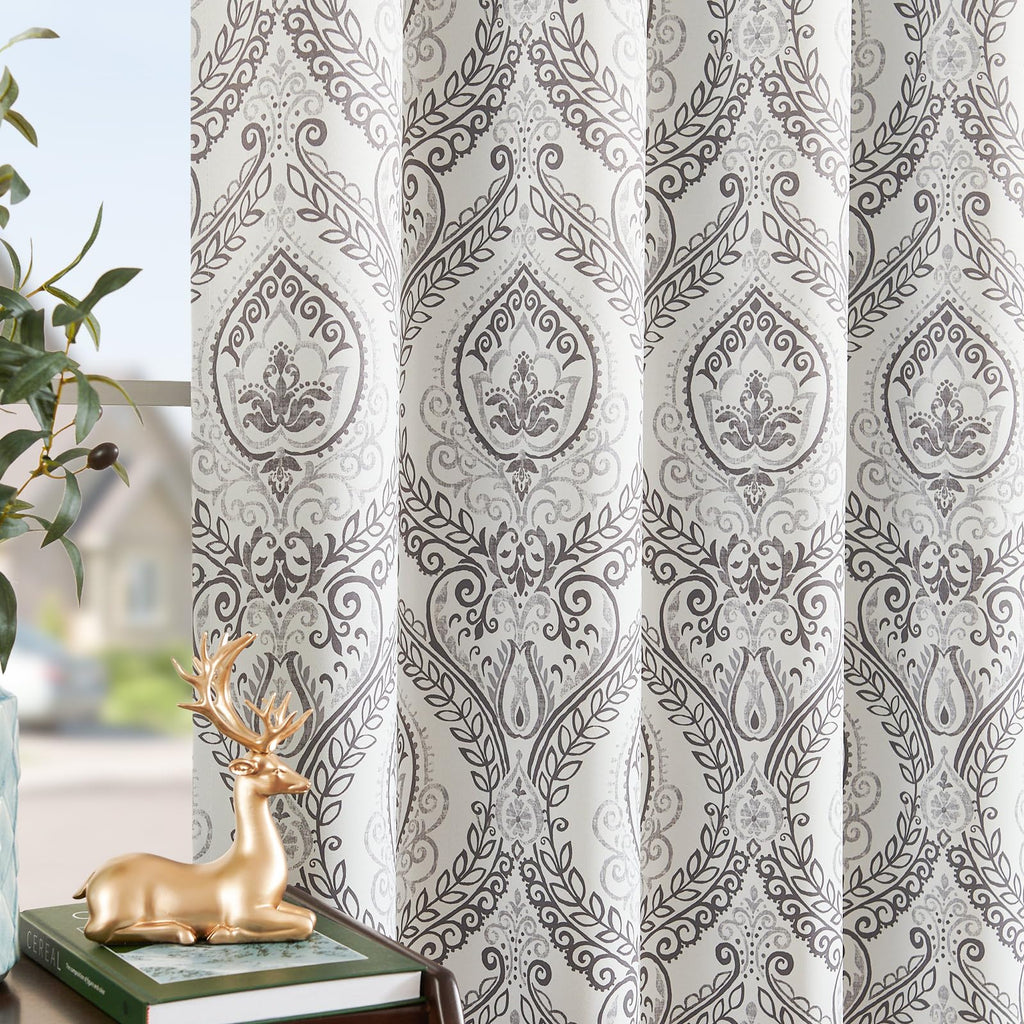 Jinchan 100% Blackout Curtains 90 Inch Length 2 Panels Grey Damask Medallion Window Curtains For Bedroom Grommet Thermal Insulated Drapes For Living Room Vintage Luxury Window Treatments Set