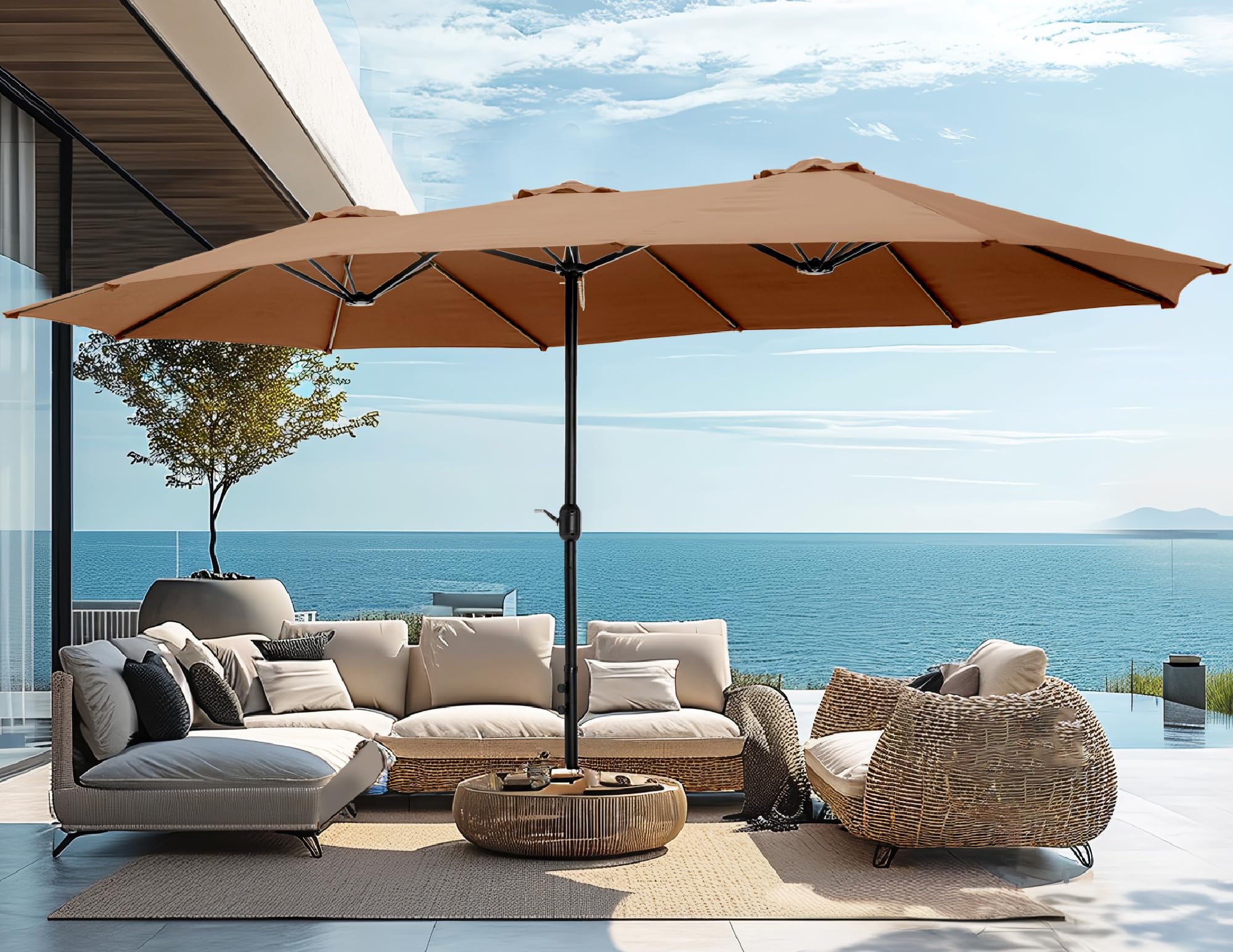 Phi Villa 15Ft Large Patio Umbrellas With Base, Outdoor Double-Sided Rectangle Market Umbrella For Pool Lawn Garden, Maillard Br