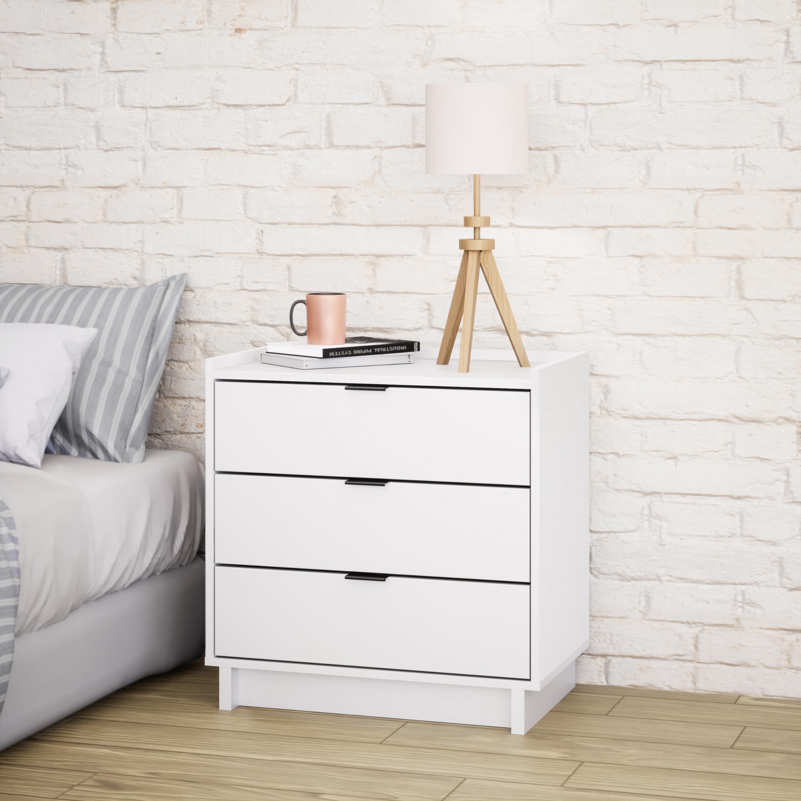 Prepac Simply Modern Nightstand Bedside Table, White Nightstand For Bedroom, End Table With 3 Drawers 26.5' W X 26.75' H X 16' D