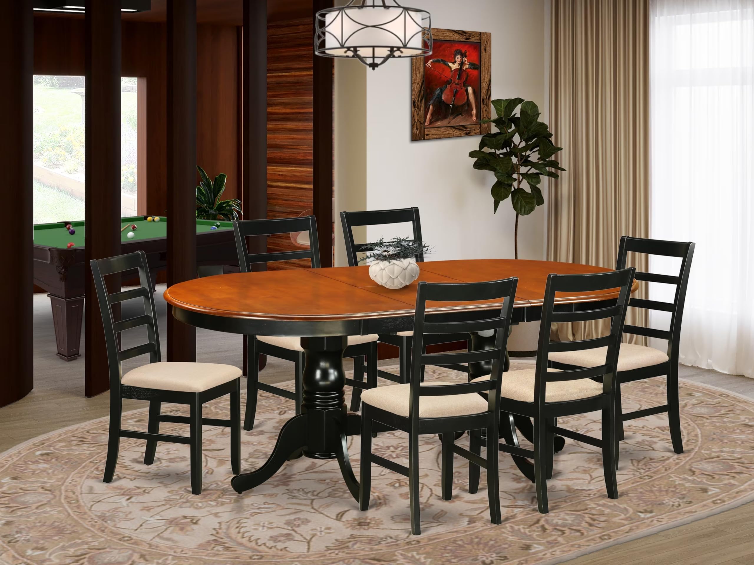 East West Furniture PLPF7-BCH-C 7 Piece Dining Table Set Consist of an Oval Dinner Table with Butterfly Leaf and 6 Linen Fabric Dining Room Chairs, 42x78 Inch, Black & Cherry