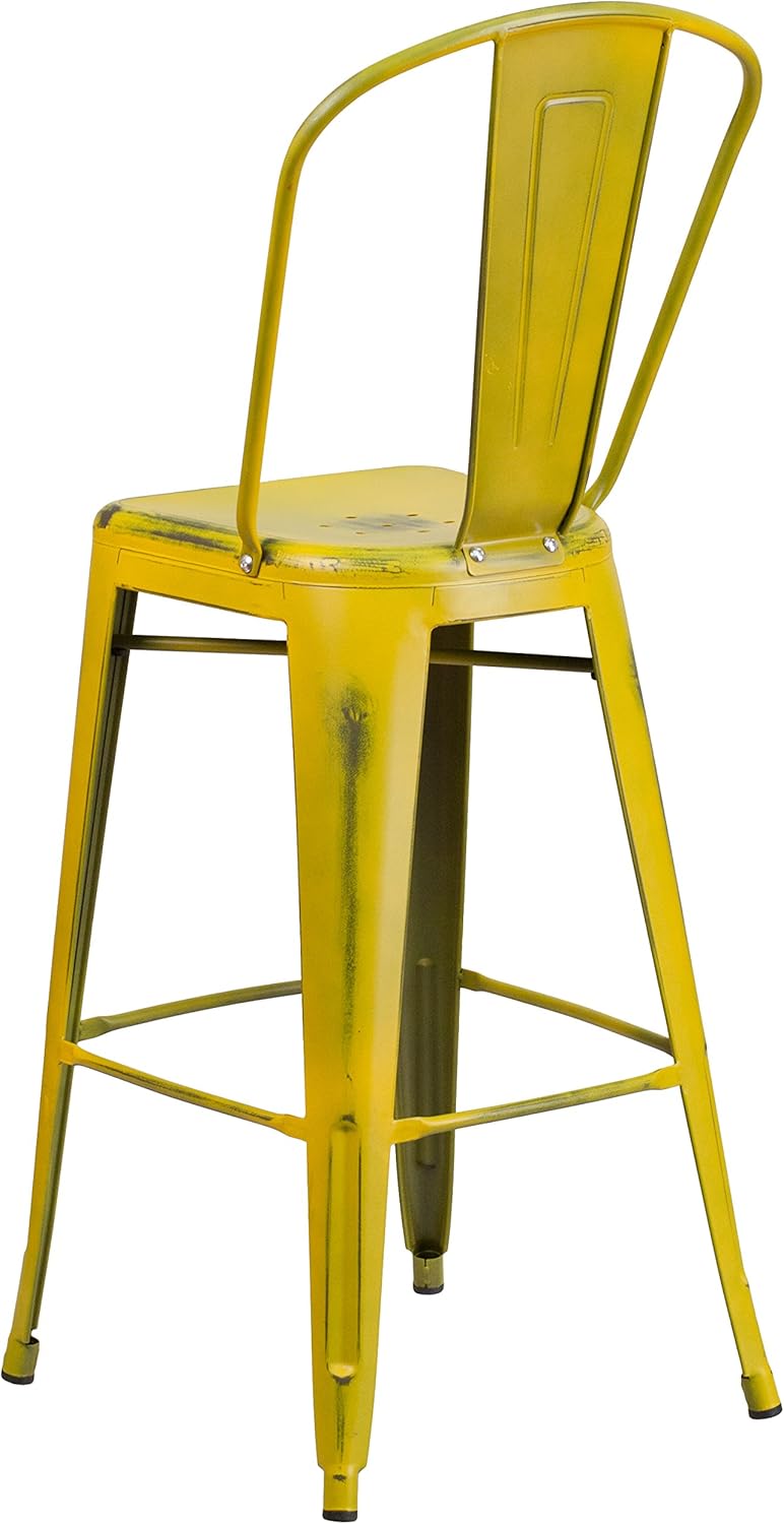 Commercial Grade 30 High Distressed Yellow Metal Indoor-Outdoor Barstool with Back