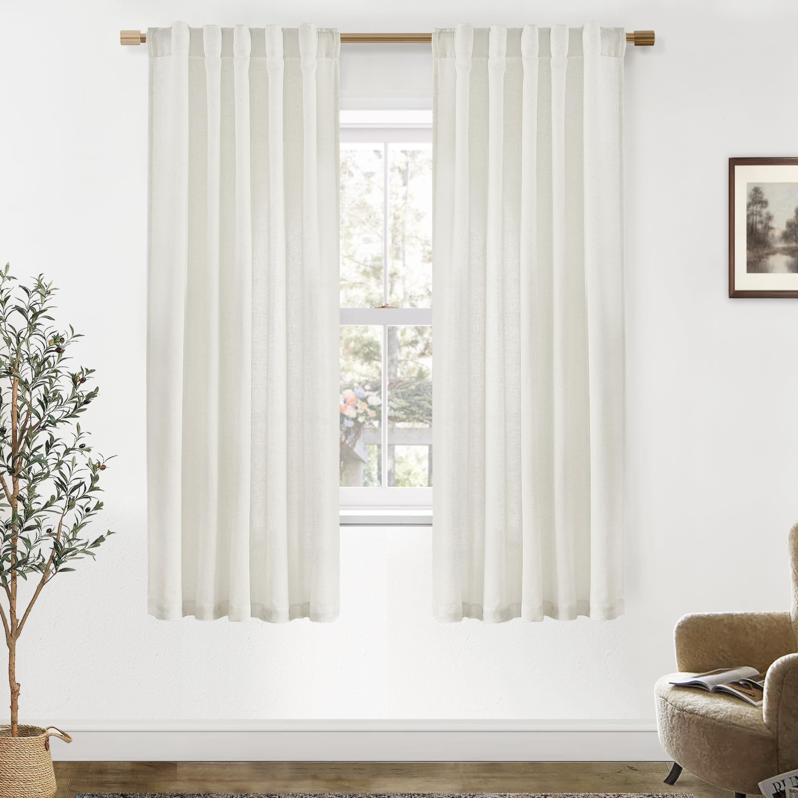 PANELSBURG 68 Inch Curtains,Light Filtering Linen Boho Semi Sheer Curtains 68 Inches Long for Bedroom Living Room 2 Panels Set,C