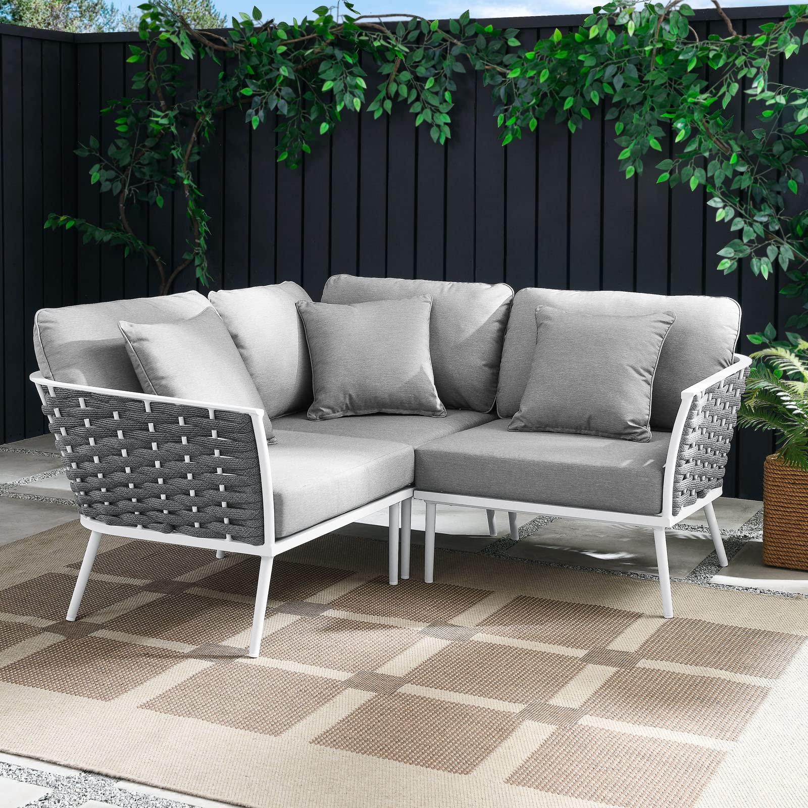 Modway Stance Outdoor Patio Woven Rope Aluminum Small Sectional Sofa in White Gray