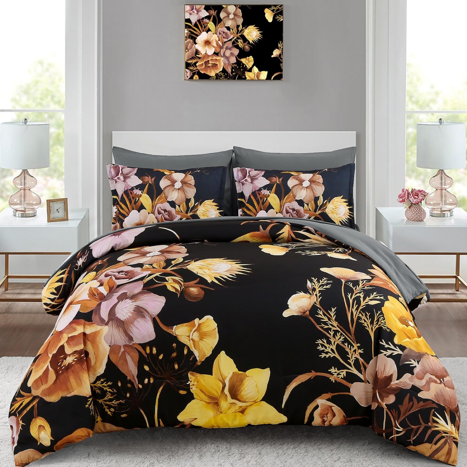Luxudecor Floral Comforter Set Queen Size 7 Piece, Gold And Black Bed In A Bag, Elegant Flower Comforter With Sheet Set, Soft Mi