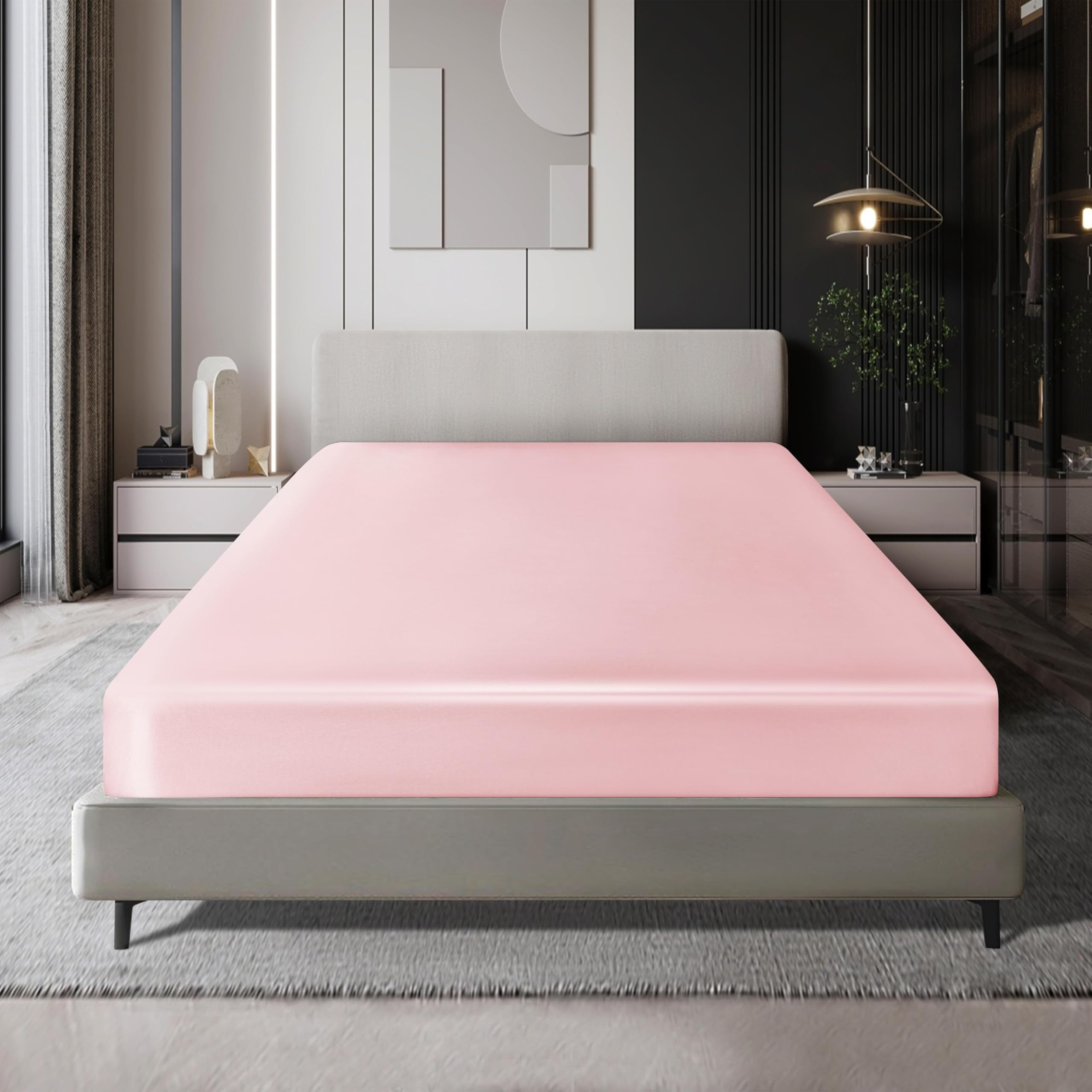 Milvowoc King Satin Fitted Sheet - Pale Pink, Soft Bottom, 1 Piece