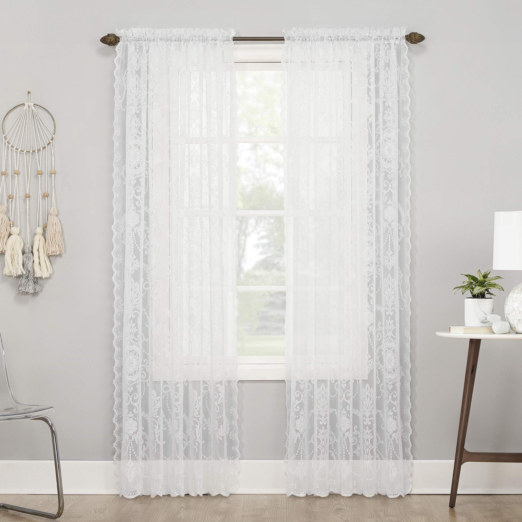 No. 918 Ariella Floral Lace Rod Pocket Curtain Panel, 58 x 63, White