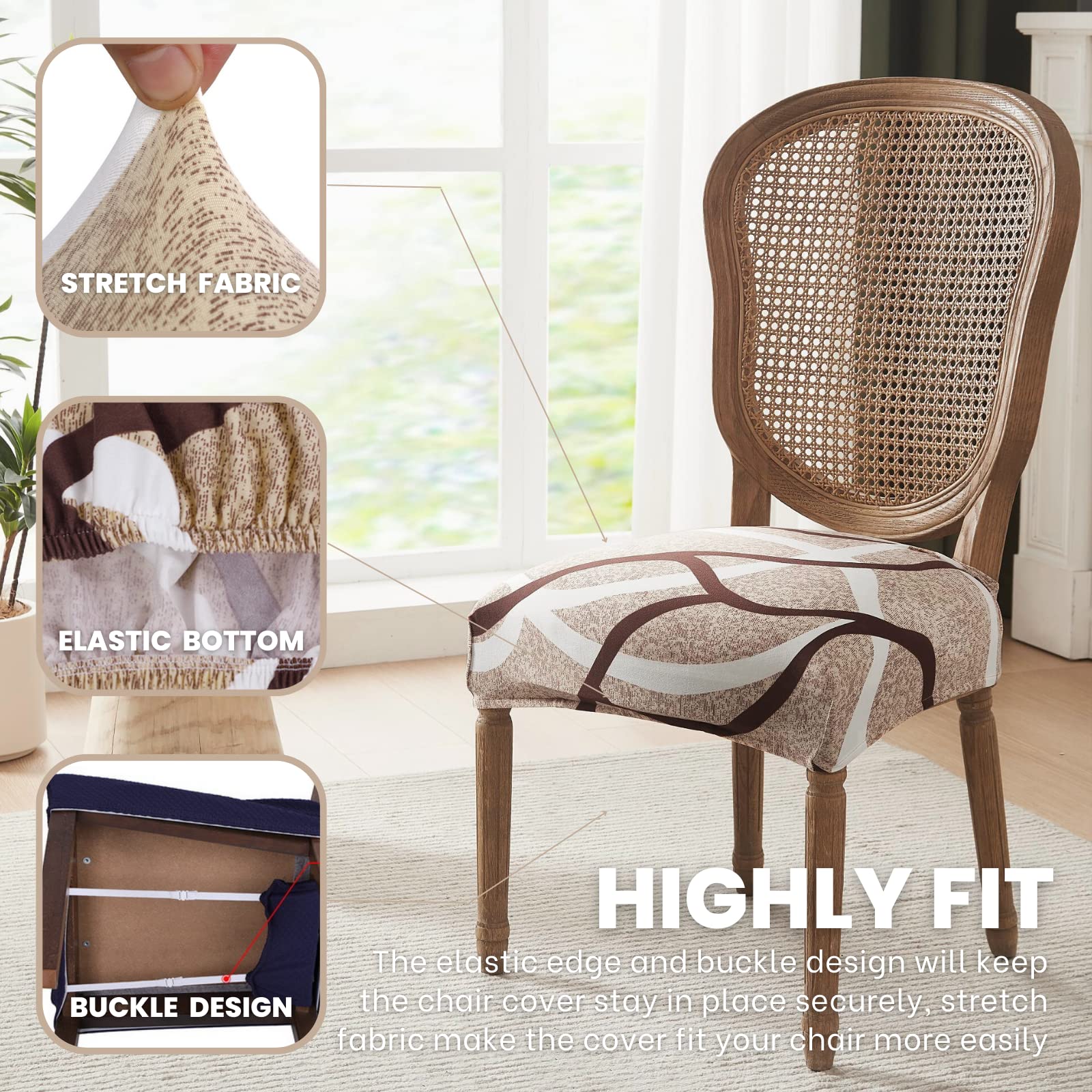 Searchi Stretch Dining Chair Seat Covers Set Of 2, Soft Removable Washable Seat Covers For Dining Chairs, Dining Room Seat Cover Protector (Rear-Covered, Beige)