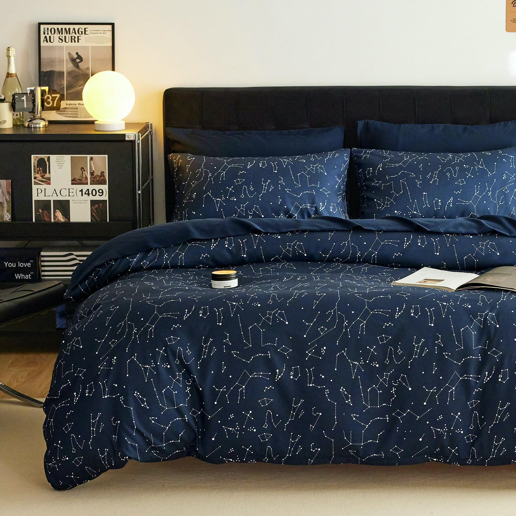 Wake In Cloud - Navy Comforter Set Full, 3 Pieces Lightweight Dorm Bedding For Teens Kids College Boys, Dark Blue And White Neut